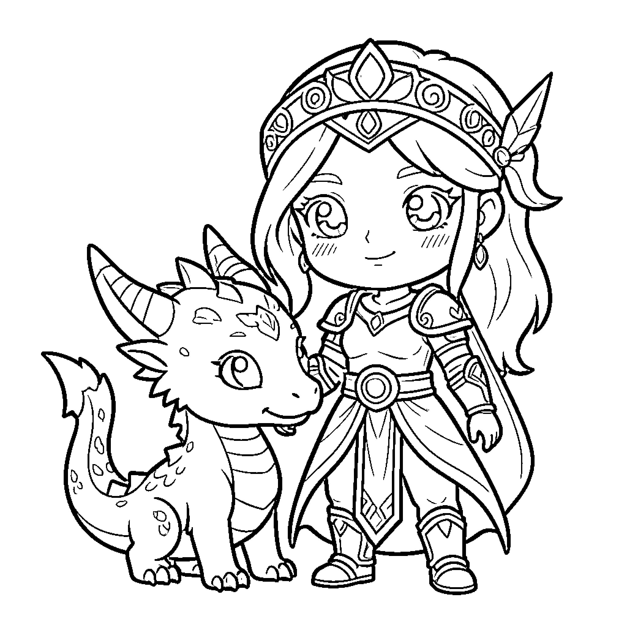 Warrior Princess standing proudly beside her small dragon Coloring Page (free black-and-white line drawing printable PDF for all, from beginners to advanced learners, including children, teens, adults, and seniors)