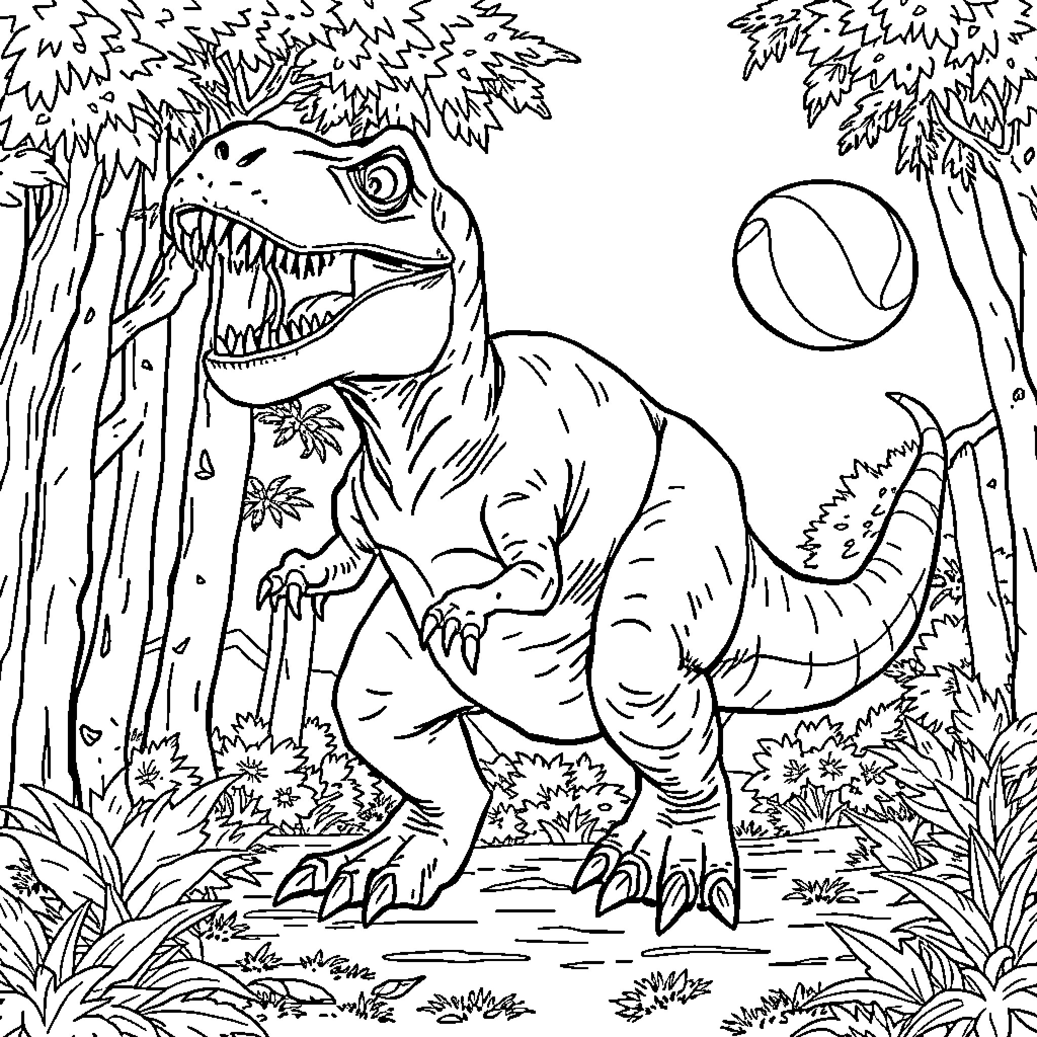 T-Rex chasing a ball in a lush forest Coloring Page (free black-and-white line drawing printable PDF for all, from beginners to advanced learners, including children, teens, adults, and seniors)