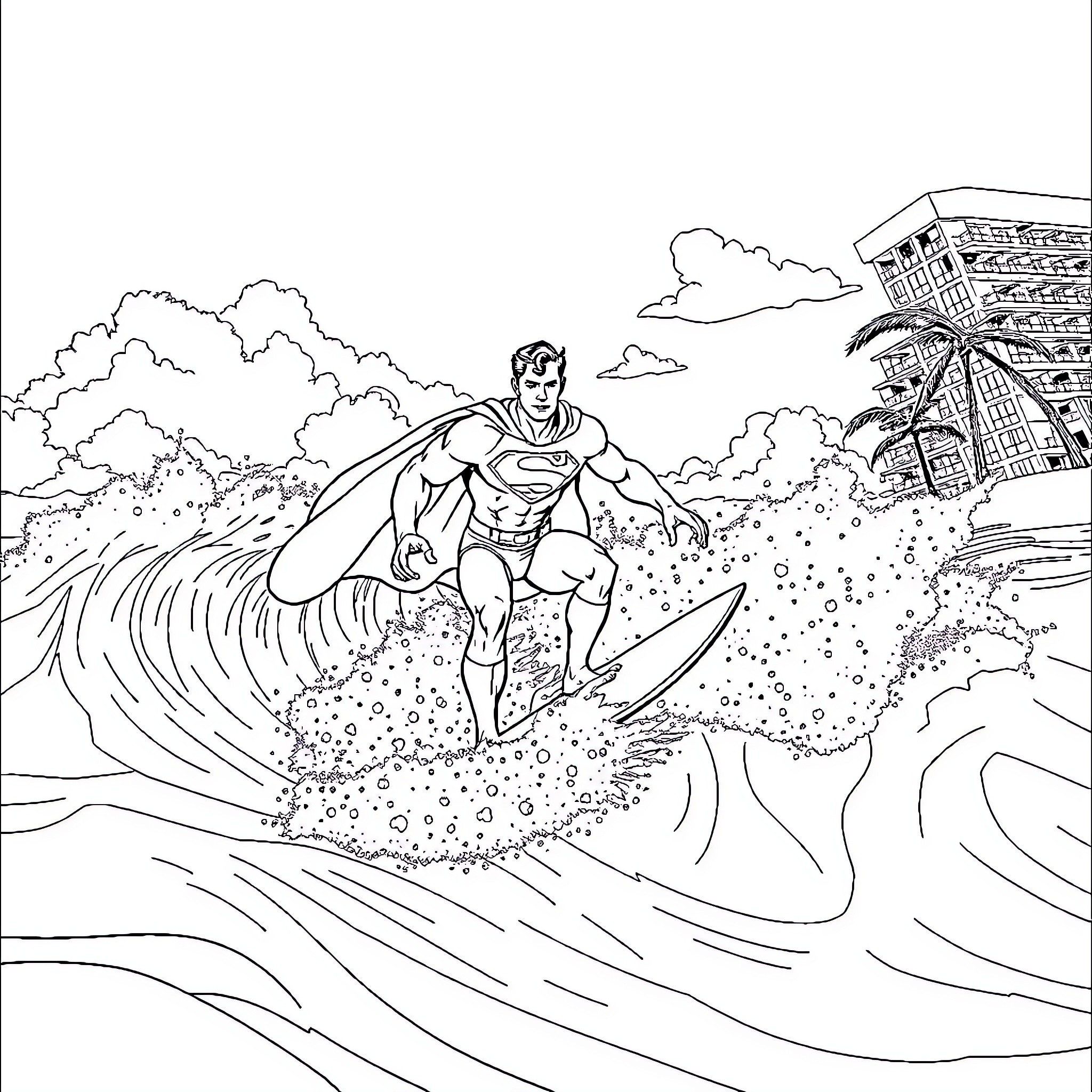 Superman surfing through powerful waves Coloring Page (free black-and-white line drawing printable PDF for all, from beginners to advanced learners, including children, teens, adults, and seniors)