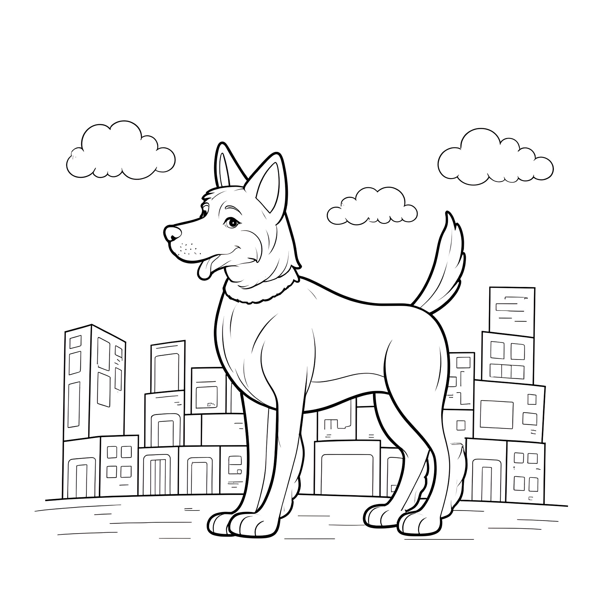 Dogmeat standing tall in the city Coloring Page (free black-and-white line drawing printable PDF for all, from beginners to advanced learners, including children, teens, adults, and seniors)
