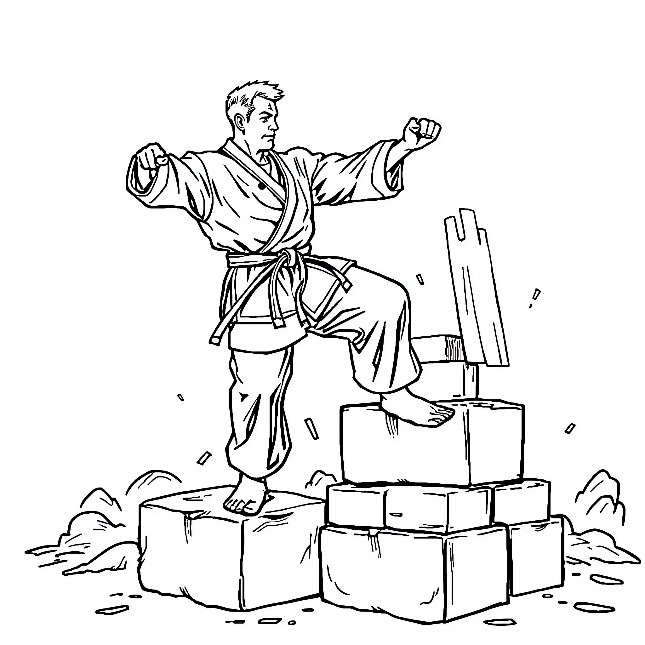 Karate Man Performing Powerful Kata on Rubble Coloring Page (free black-and-white line drawing printable PDF for all, from beginners to advanced learners, including children, teens, adults, and seniors)