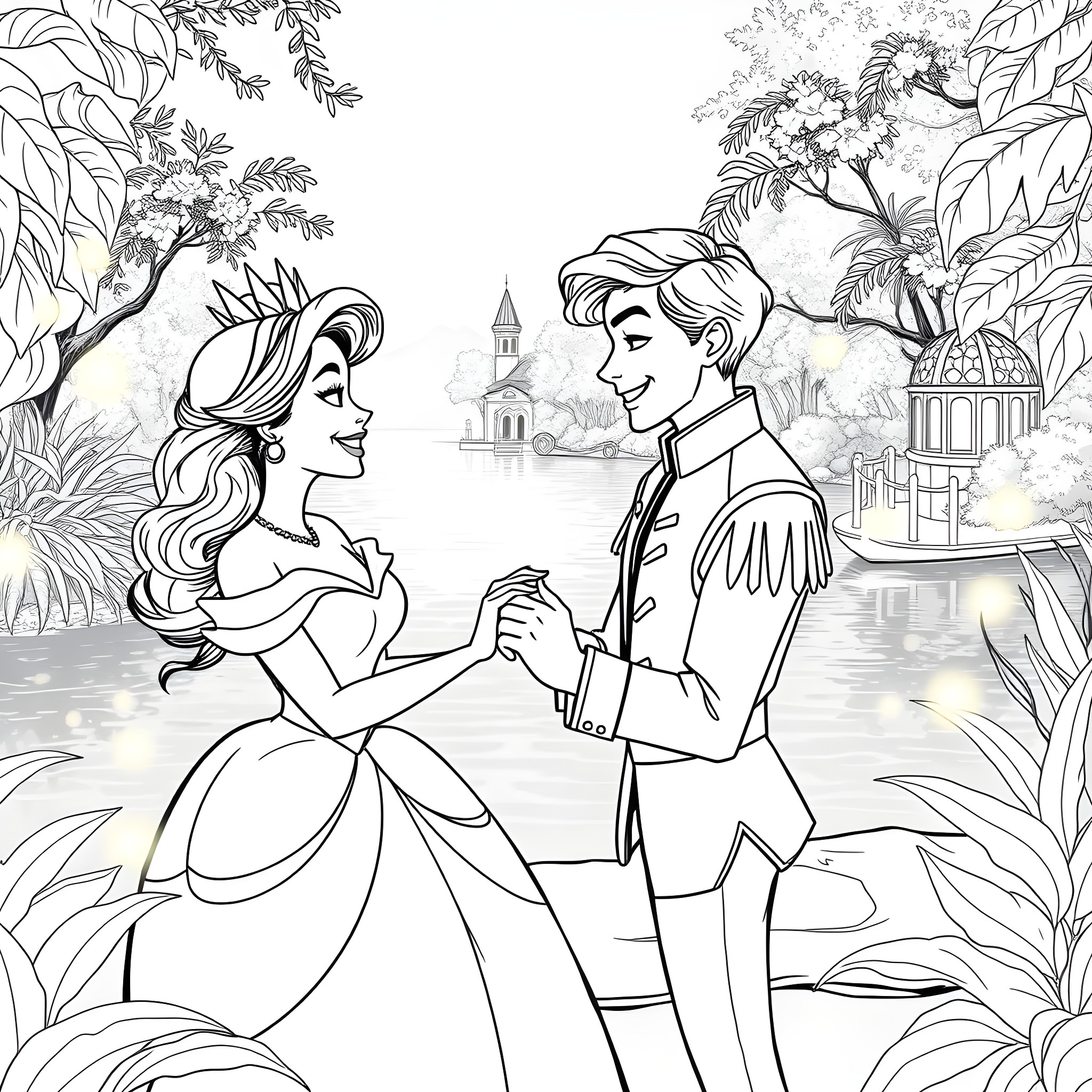 Tiana and Prince Charming's romantic garden dance Coloring Page (free black-and-white line drawing printable PDF for all, from beginners to advanced learners, including children, teens, adults, and seniors)