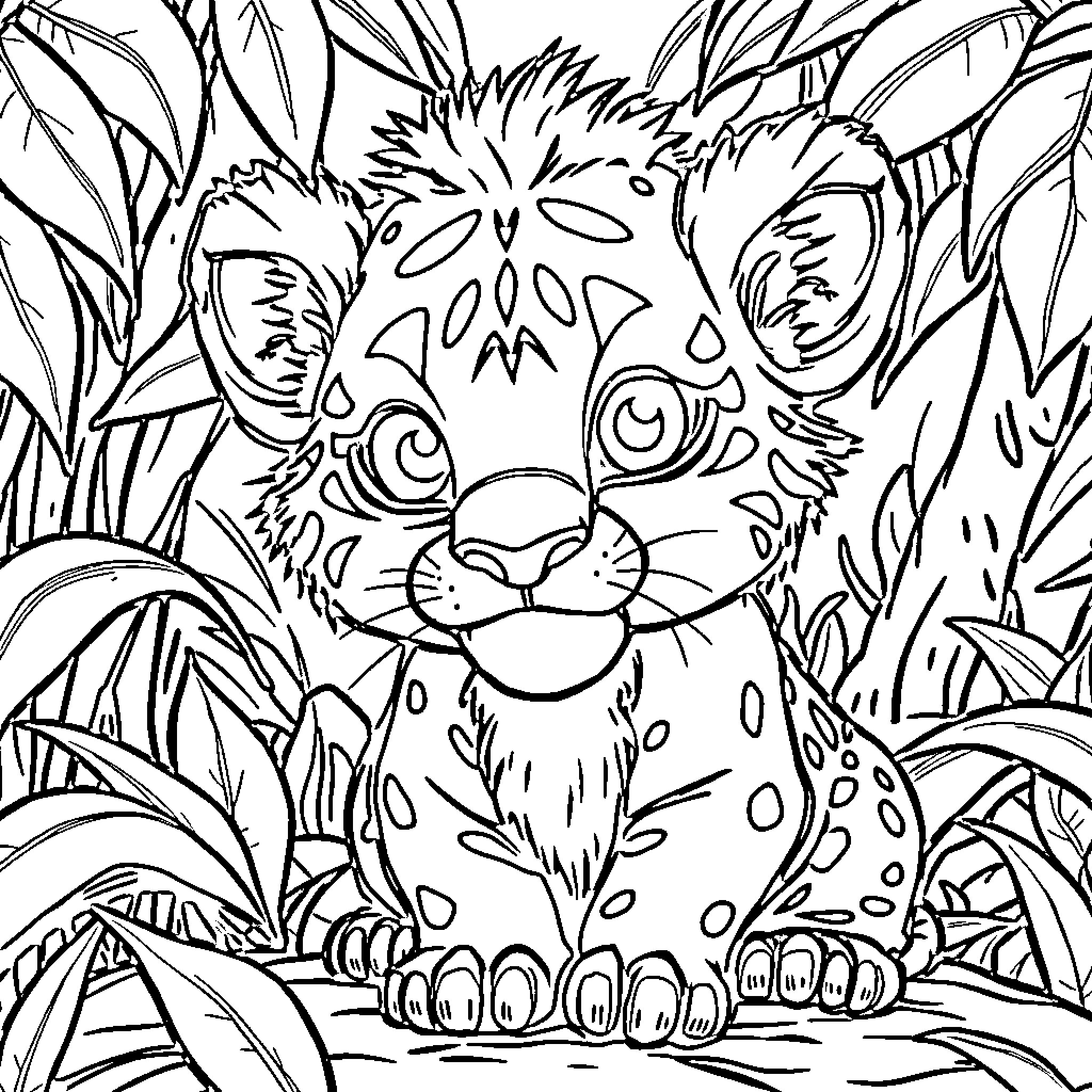 Lion lounging in the lush wilderness Coloring Page (free black-and-white line drawing printable PDF for all, from beginners to advanced learners, including children, teens, adults, and seniors)