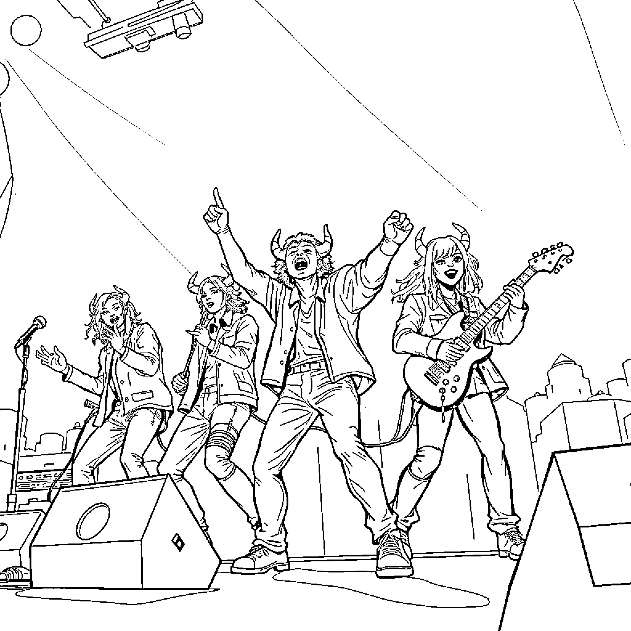 K Pop Band Performing Energetic Rock Music on Stage Coloring Page (free black-and-white line drawing printable PDF for all, from beginners to advanced learners, including children, teens, adults, and seniors)