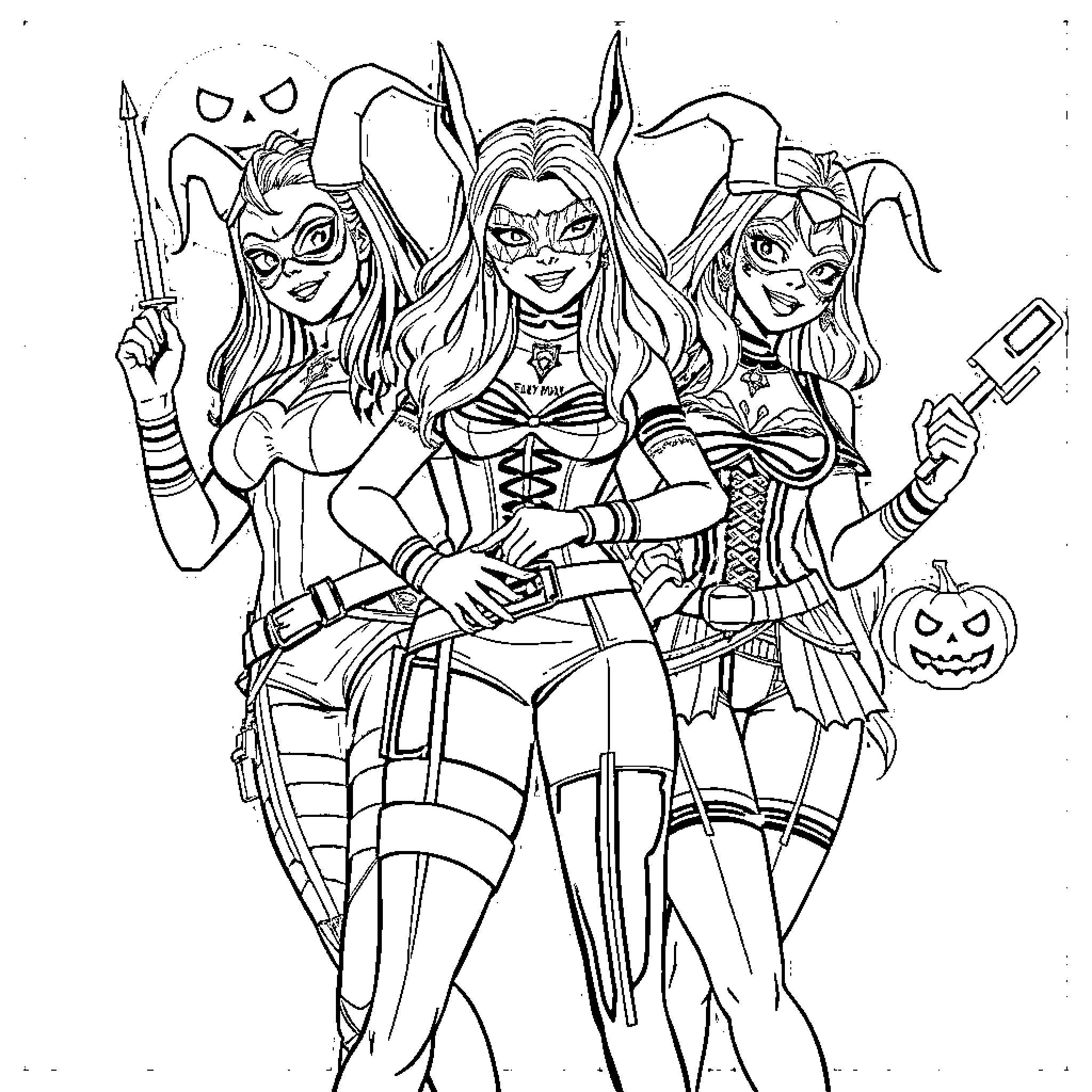 Pop Warriors in Fierce Poses with Halloween Flair Coloring Page (free black-and-white line drawing printable PDF for all, from beginners to advanced learners, including children, teens, adults, and seniors)