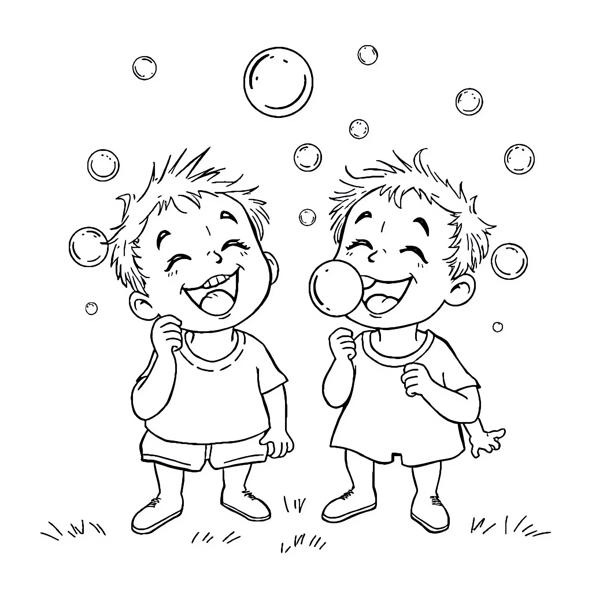 Twin boys blowing bubbles together Coloring Page (free black-and-white line drawing printable PDF for all, from beginners to advanced learners, including children, teens, adults, and seniors)
