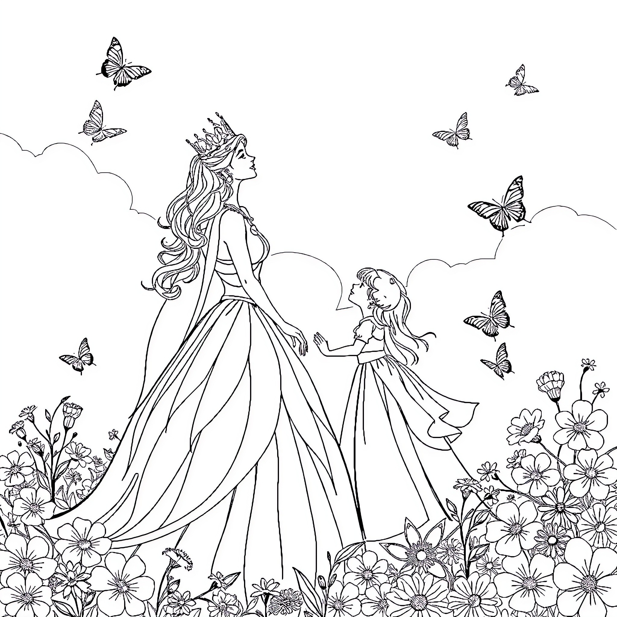 Queen and Princess Admiring Butterflies in Floral Garden Coloring Page (free black-and-white line drawing printable PDF for all, from beginners to advanced learners, including children, teens, adults, and seniors)