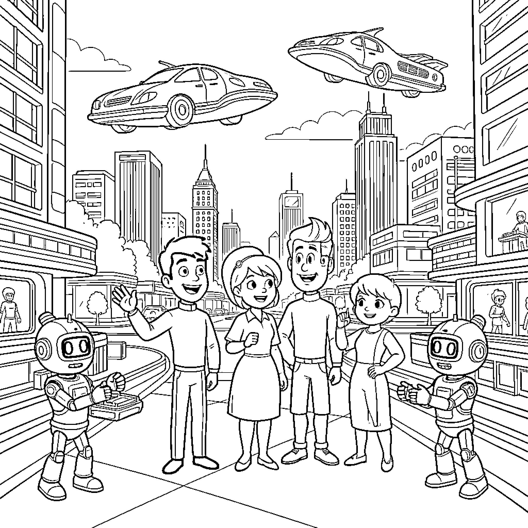 Jetsons characters waving in a futuristic cityscape Coloring Page (free black-and-white line drawing printable PDF for all, from beginners to advanced learners, including children, teens, adults, and seniors)