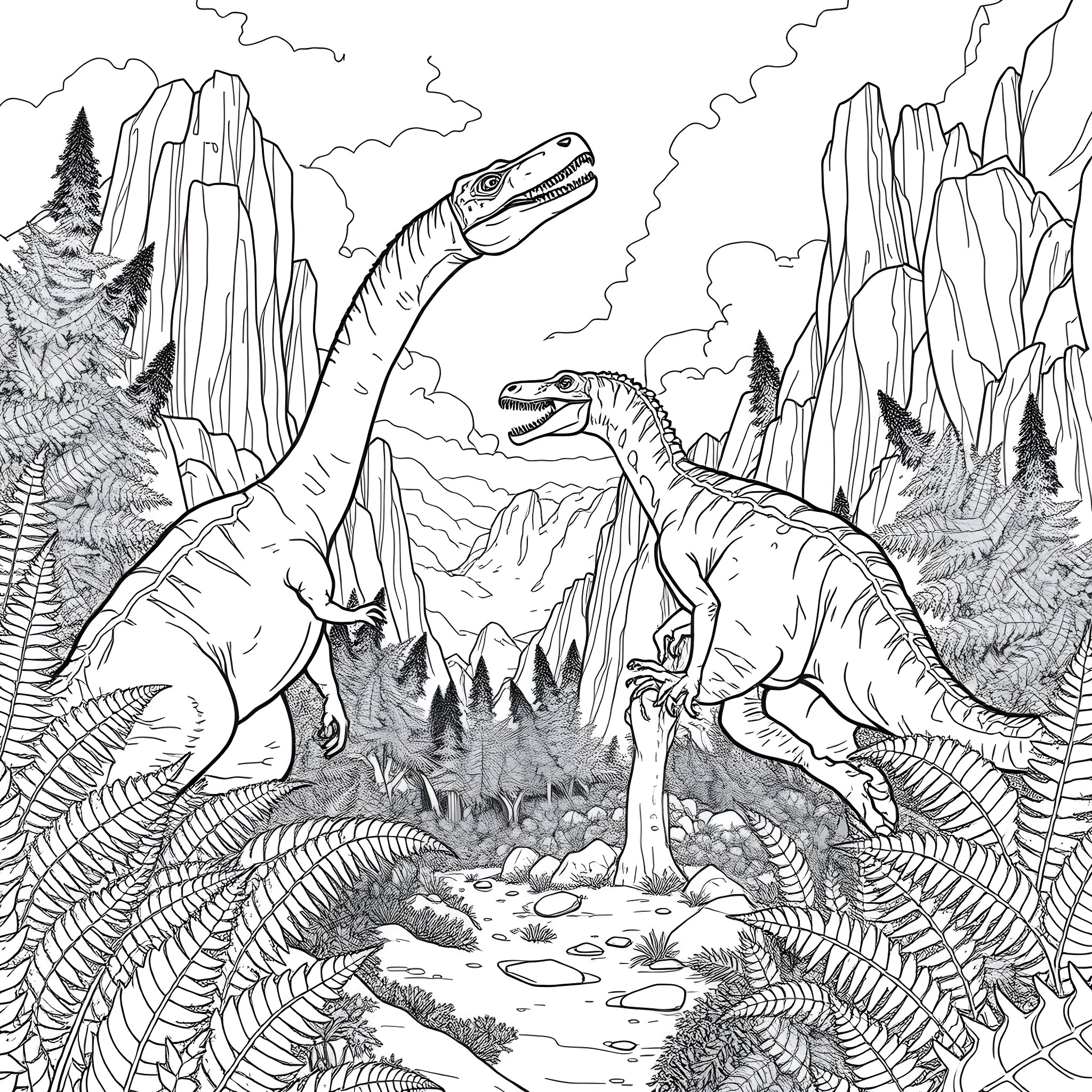 Dinosaurs roaming in the prehistoric landscape Coloring Page (free black-and-white line drawing printable PDF for all, from beginners to advanced learners, including children, teens, adults, and seniors)
