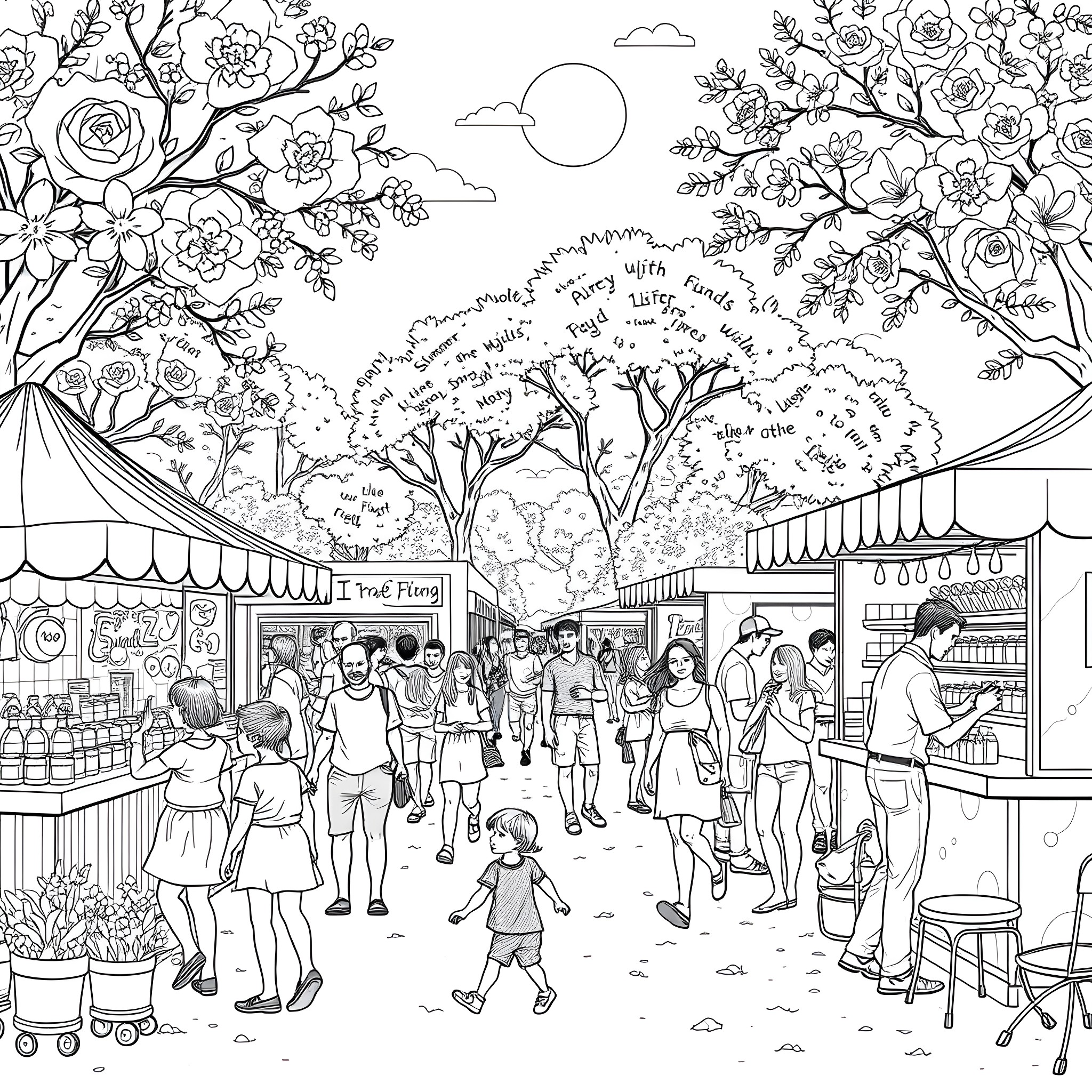 Summer stroll through a lively outdoor market Coloring Page (free black-and-white line drawing printable PDF for all, from beginners to advanced learners, including children, teens, adults, and seniors)