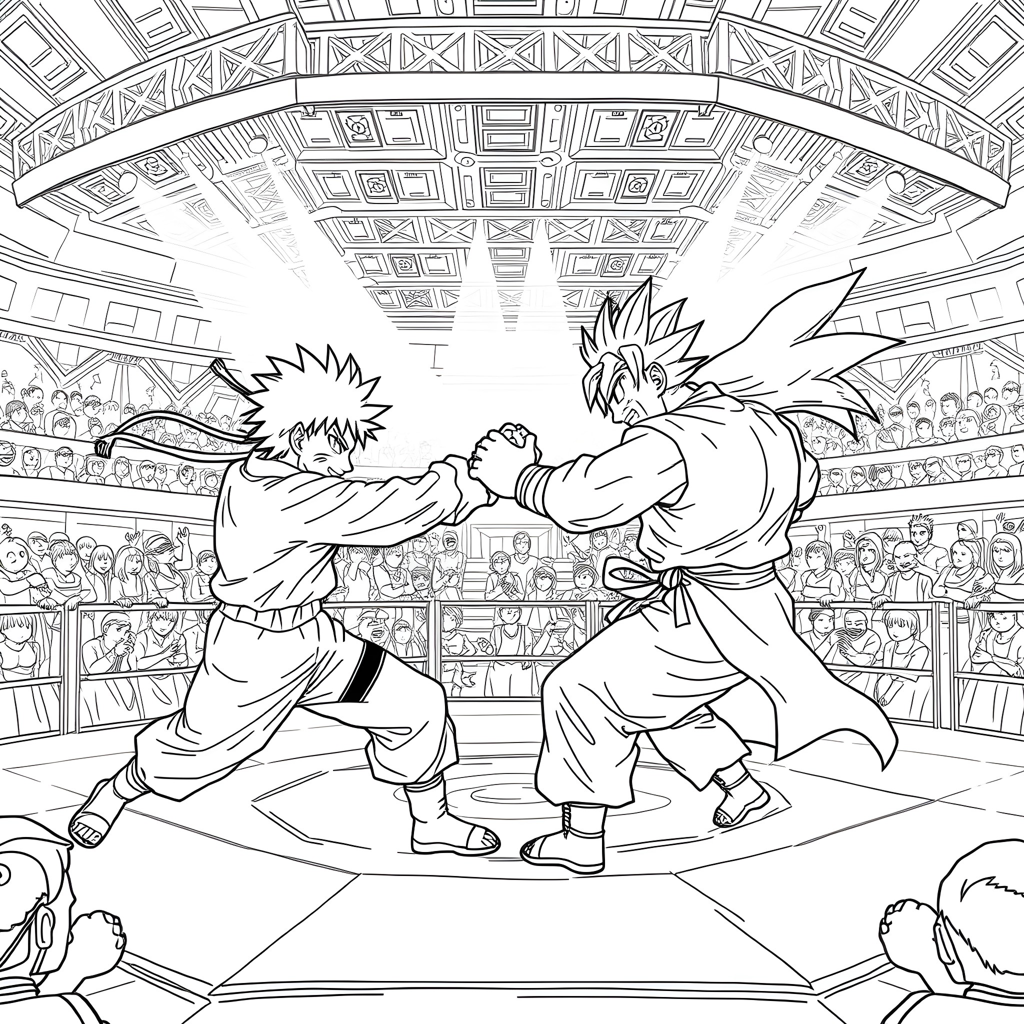 Naruto characters engaged in an intense battle in the arena Coloring Page (free black-and-white line drawing printable PDF for all, from beginners to advanced learners, including children, teens, adults, and seniors)