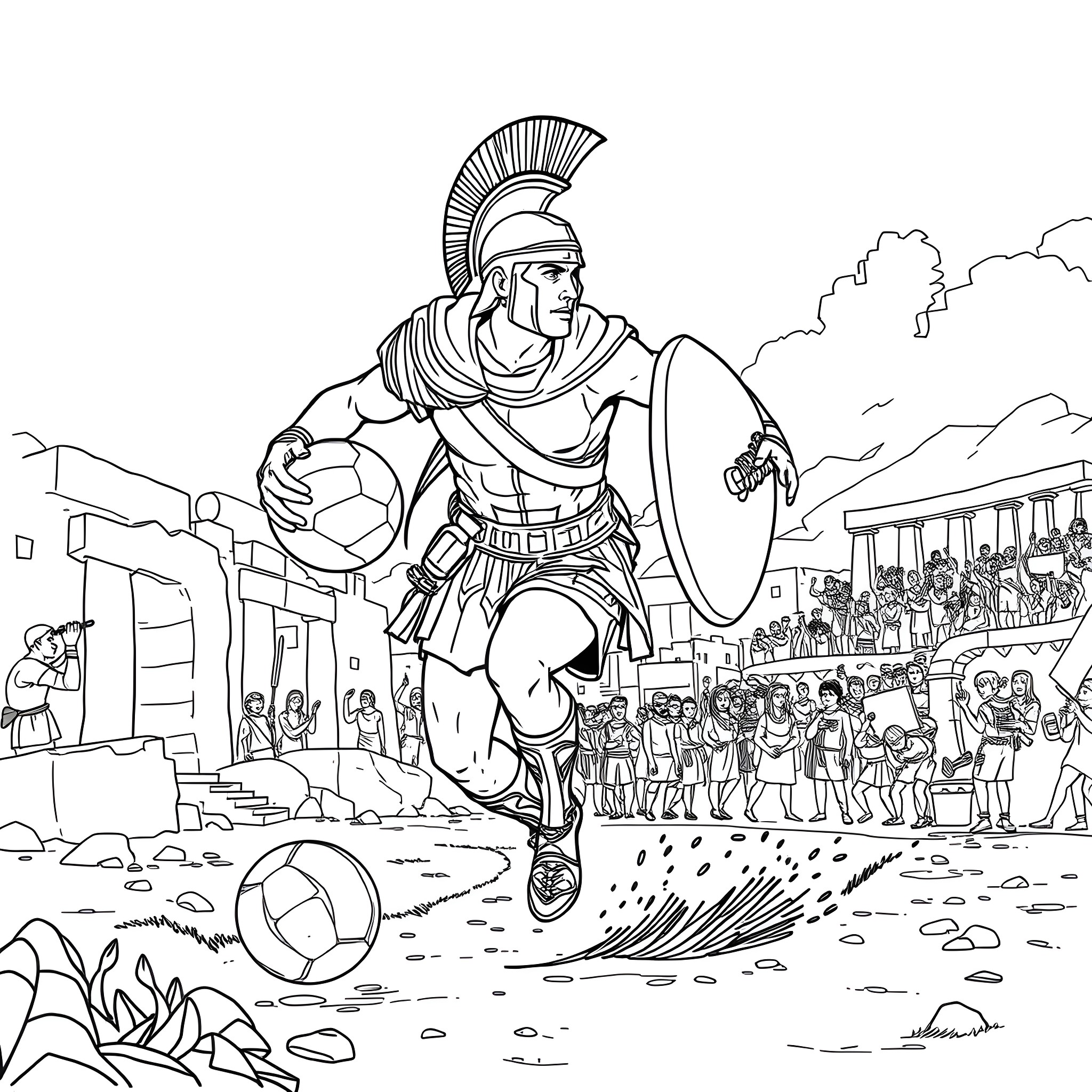 Spartan Warrior's Triumph in the Arena Coloring Page (free black-and-white line drawing printable PDF for all, from beginners to advanced learners, including children, teens, adults, and seniors)