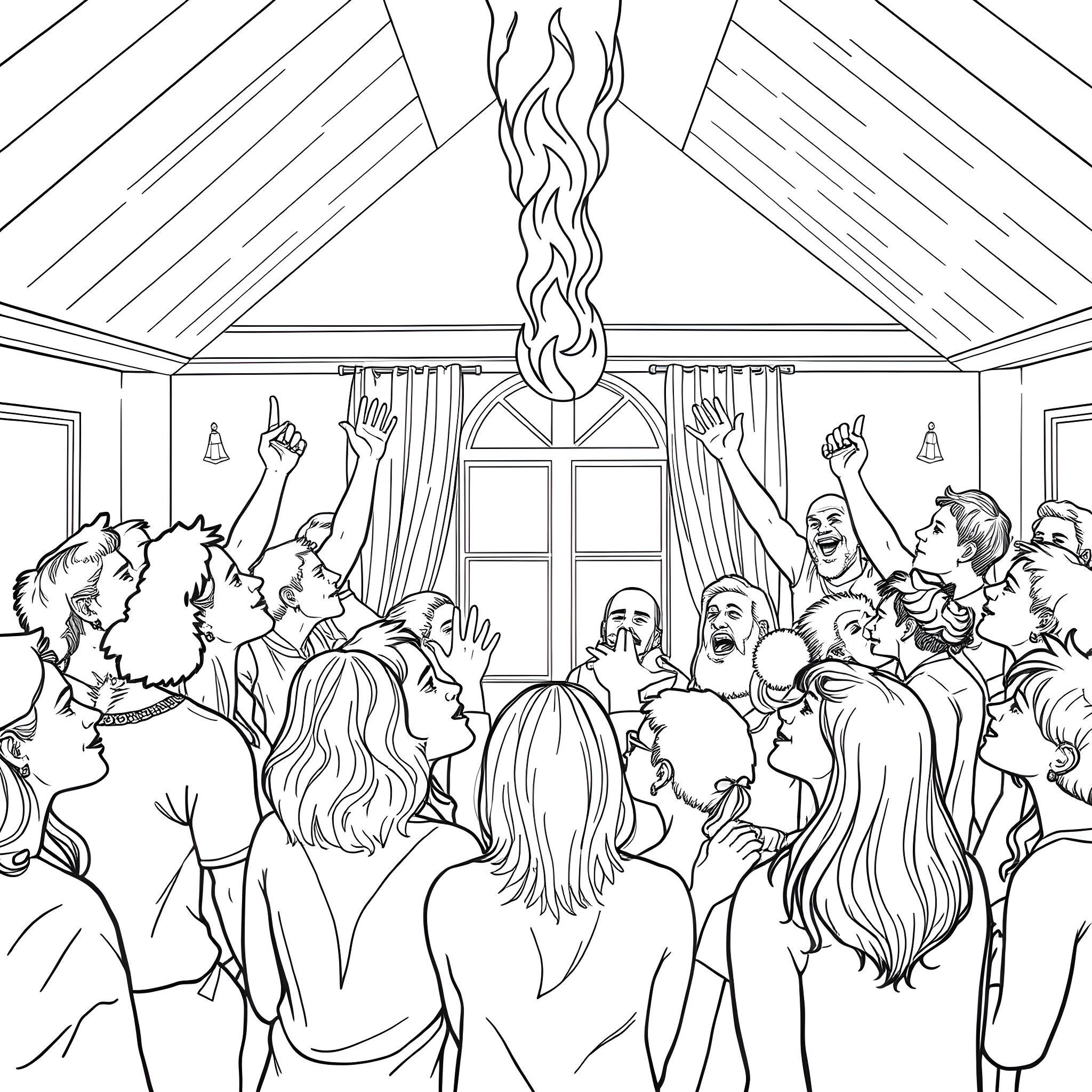 Pentecost celebration with worshippers gathered in a church Coloring Page (free black-and-white line drawing printable PDF for all, from beginners to advanced learners, including children, teens, adults, and seniors)