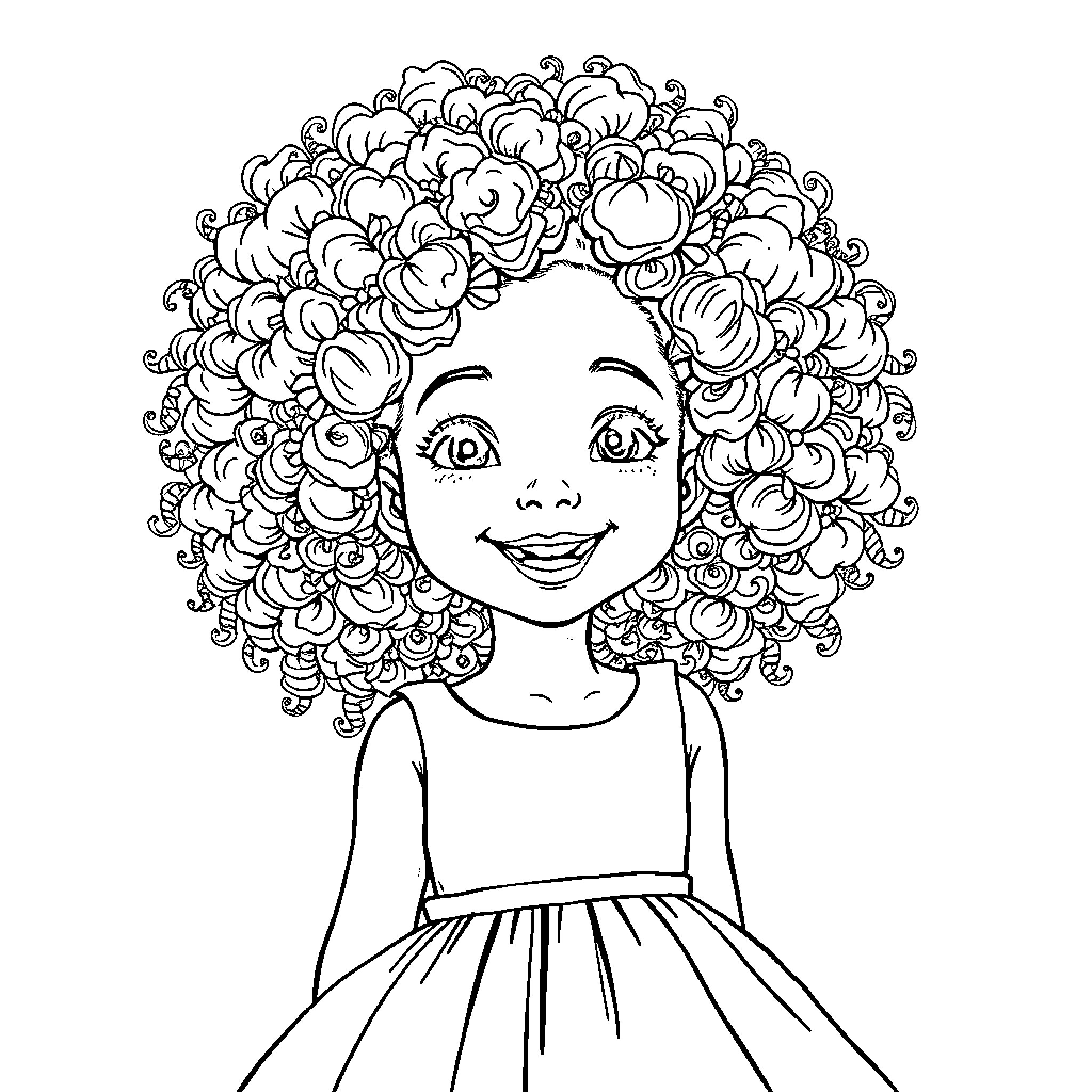 Girl with Curly Hairstyle Expressing Joy Coloring Page (free black-and-white line drawing printable PDF for all, from beginners to advanced learners, including children, teens, adults, and seniors)