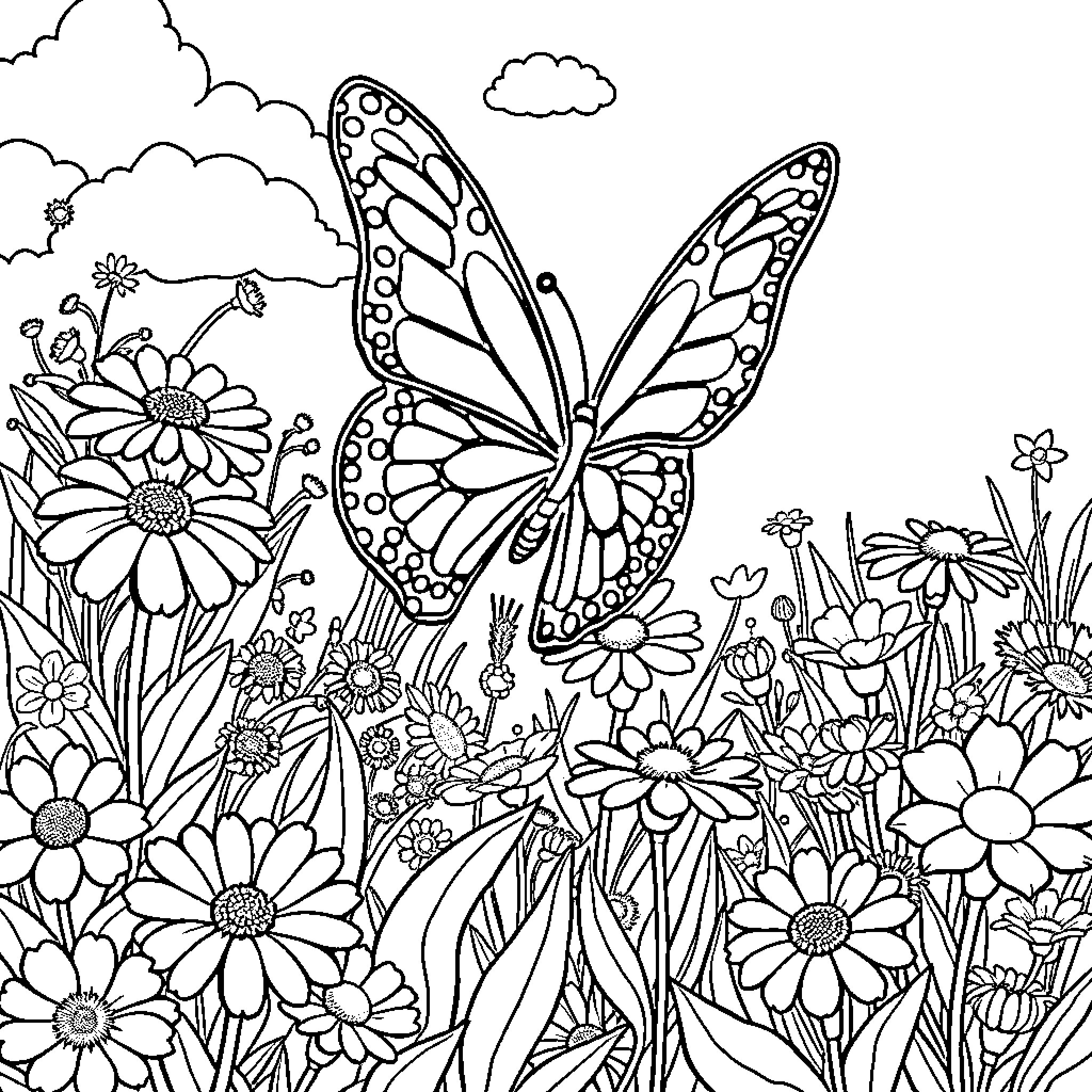 Butterfly resting amidst vibrant floral scenery Coloring Page (free black-and-white line drawing printable PDF for all, from beginners to advanced learners, including children, teens, adults, and seniors)