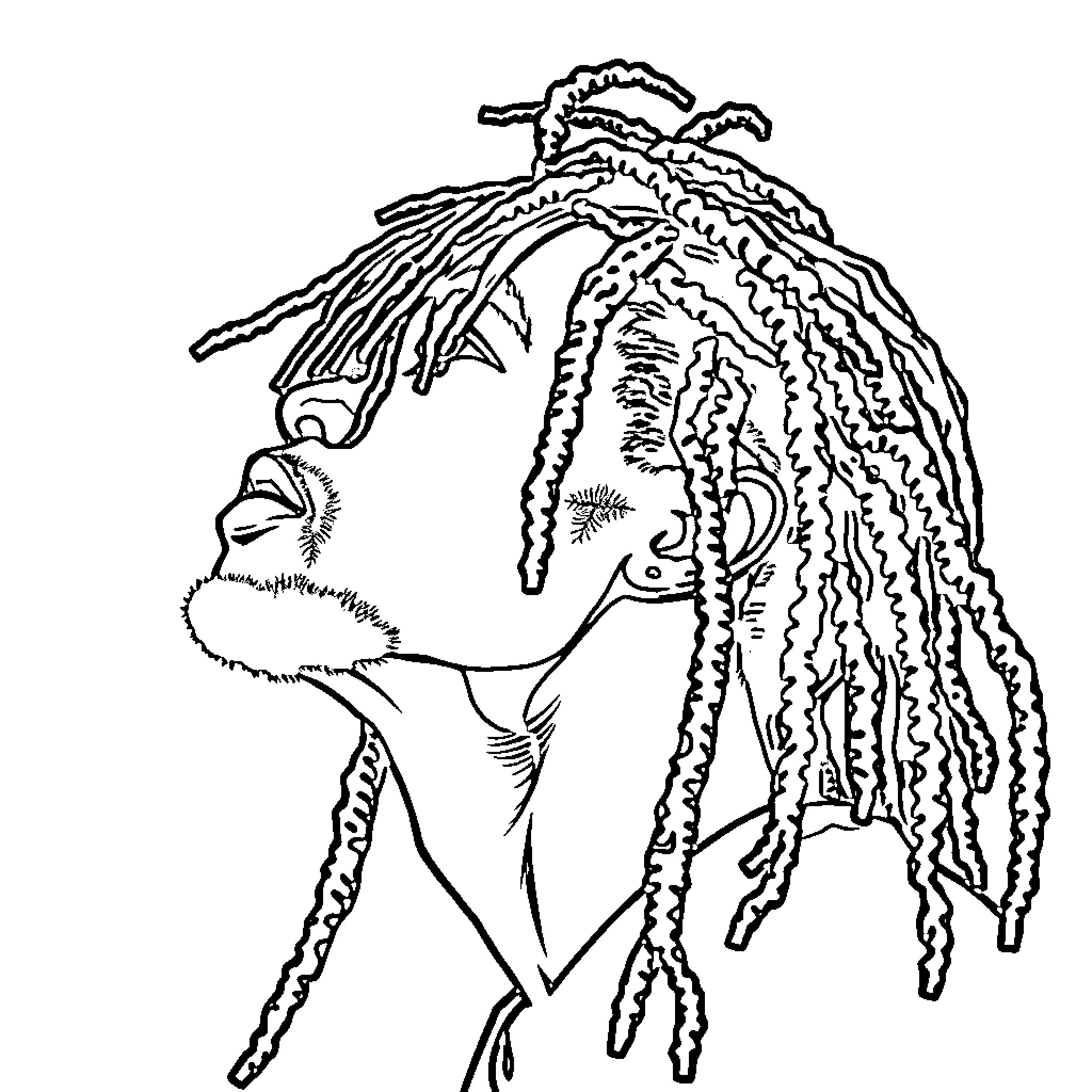 Man with Elaborate Dreadlocks Hairstyle Coloring Page (free black-and-white line drawing printable PDF for all, from beginners to advanced learners, including children, teens, adults, and seniors)