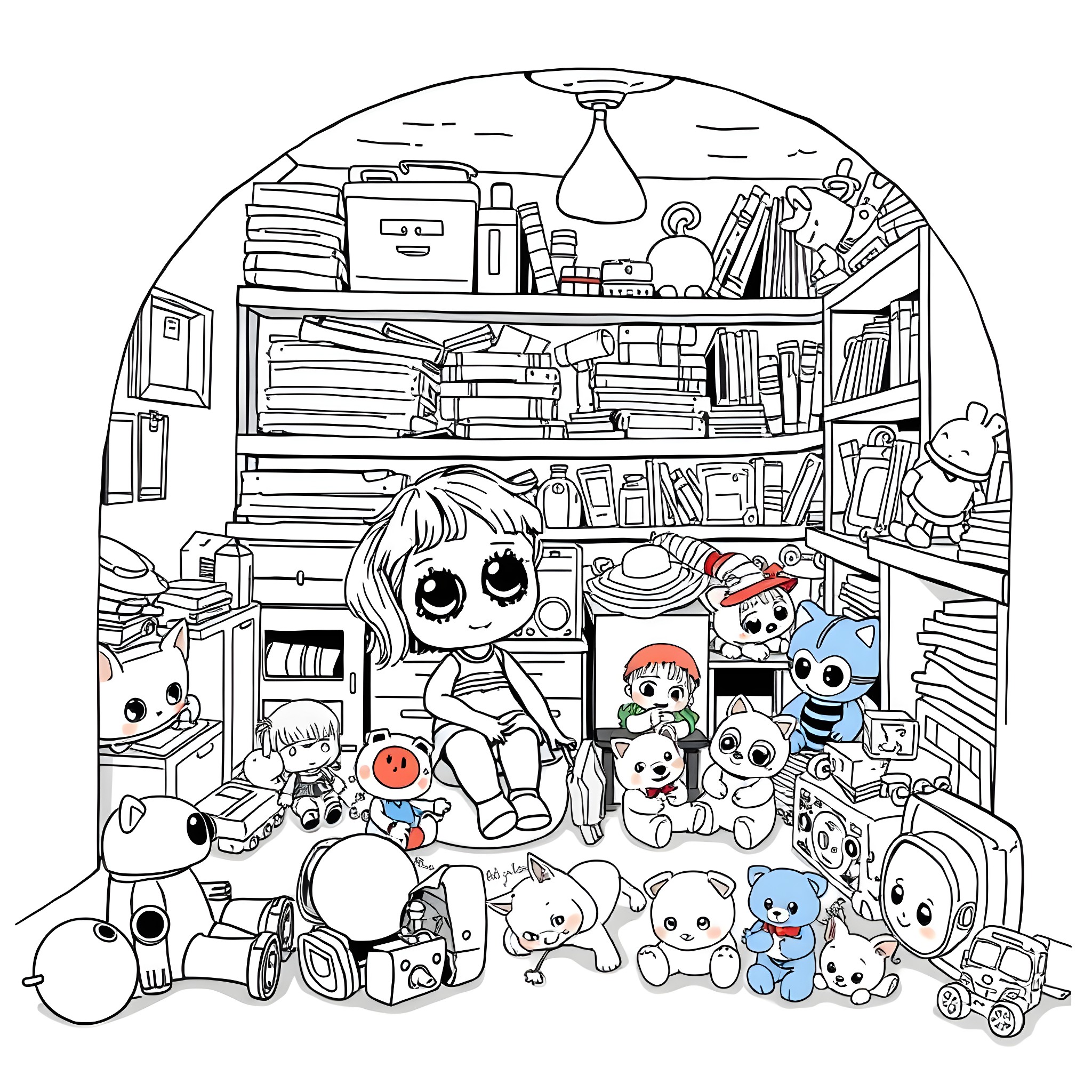 Doll and its adorable stuffed animal friends in a cozy room Coloring Page (free black-and-white line drawing printable PDF for all, from beginners to advanced learners, including children, teens, adults, and seniors)