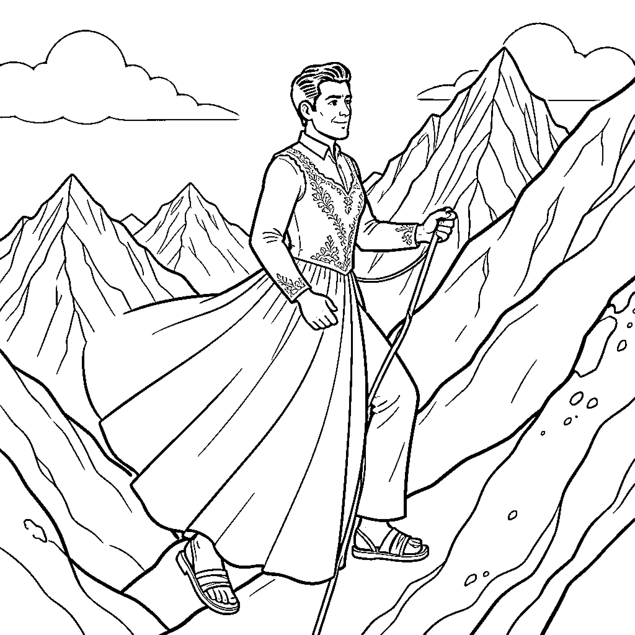 Homme exploring rugged mountain landscape Coloring Page (free black-and-white line drawing printable PDF for all, from beginners to advanced learners, including children, teens, adults, and seniors)
