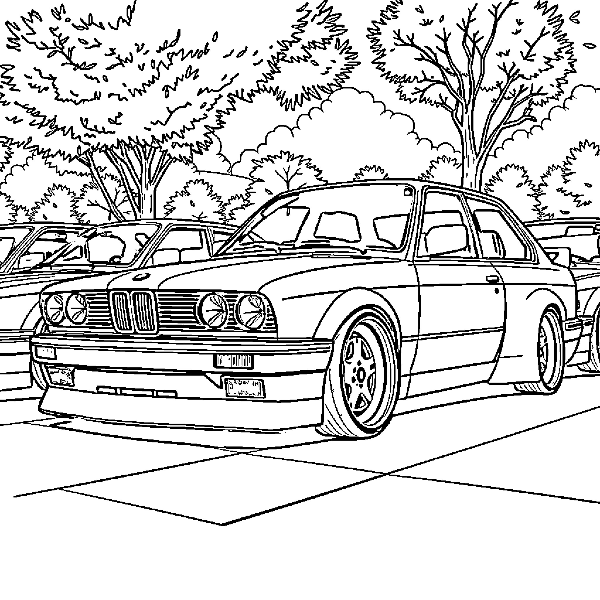 BMW sports car on a scenic road Coloring Page (free black-and-white line drawing printable PDF for all, from beginners to advanced learners, including children, teens, adults, and seniors)