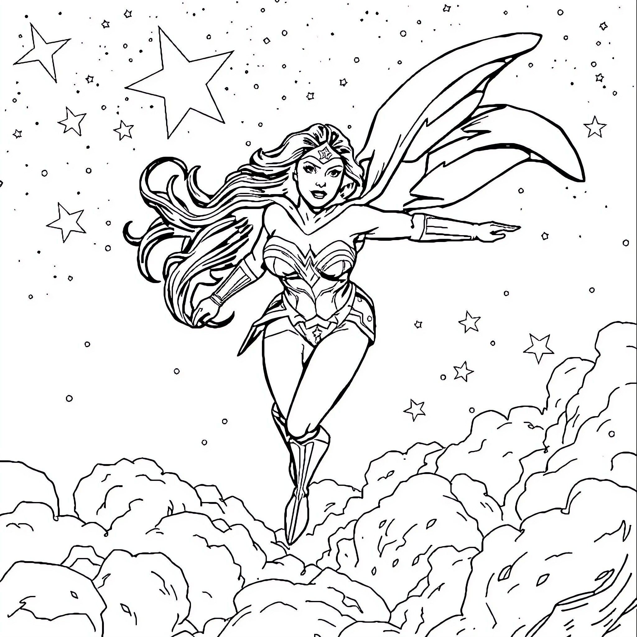 Wonder Woman soaring through the starry night sky Coloring Page (free black-and-white line drawing printable PDF for all, from beginners to advanced learners, including children, teens, adults, and seniors)