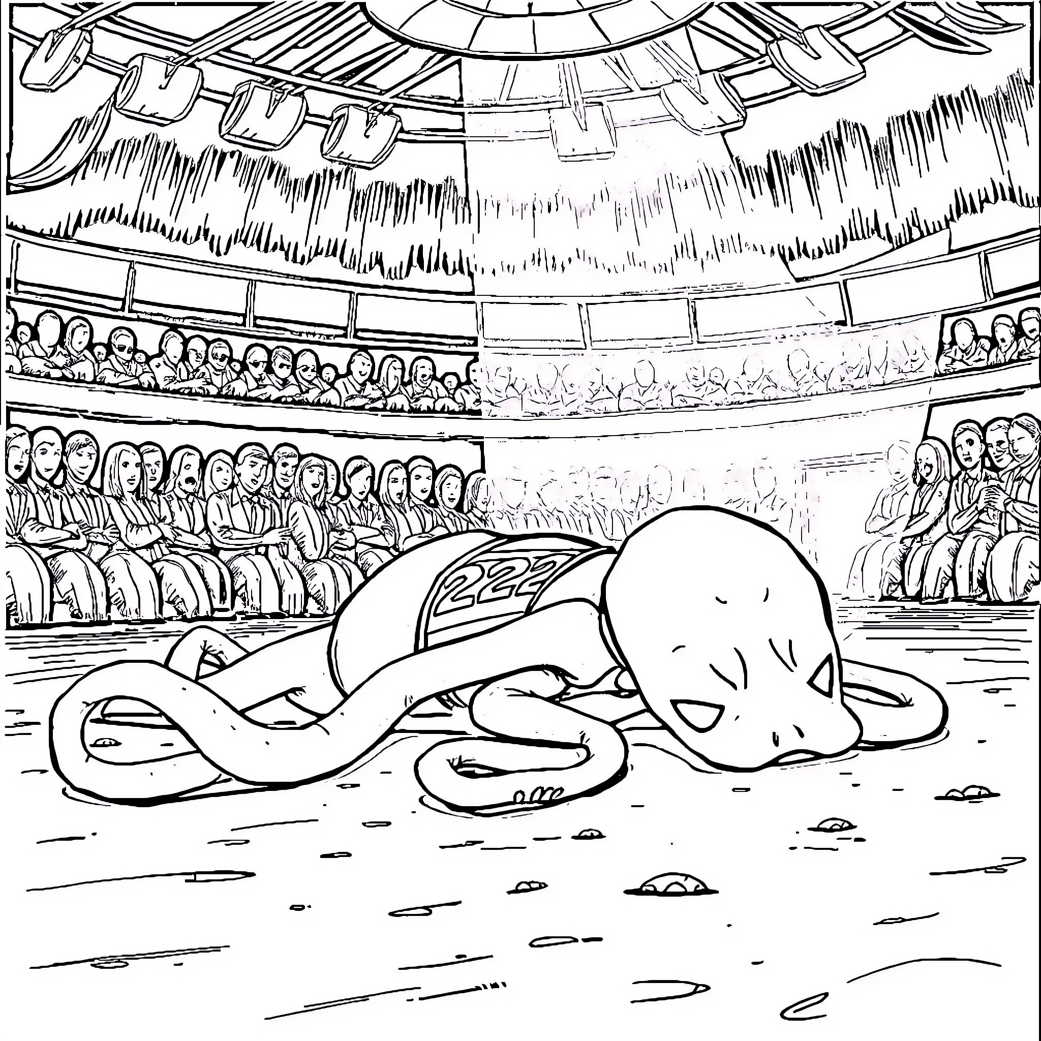 Squid performing in an aquatic circus show Coloring Page (free black-and-white line drawing printable PDF for all, from beginners to advanced learners, including children, teens, adults, and seniors)