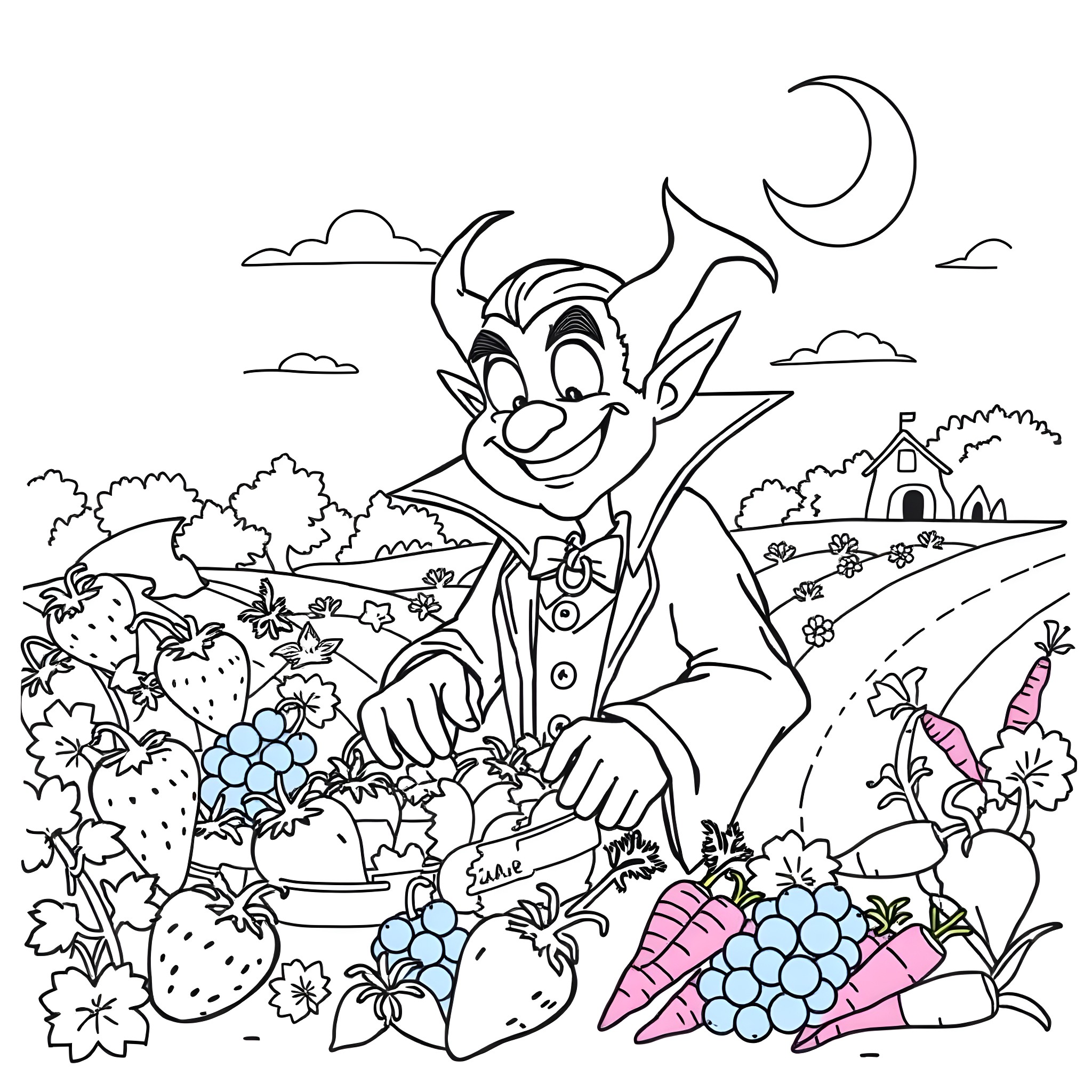 Vampire tending to a garden of flowers and vegetables Coloring Page (free black-and-white line drawing printable PDF for all, from beginners to advanced learners, including children, teens, adults, and seniors)