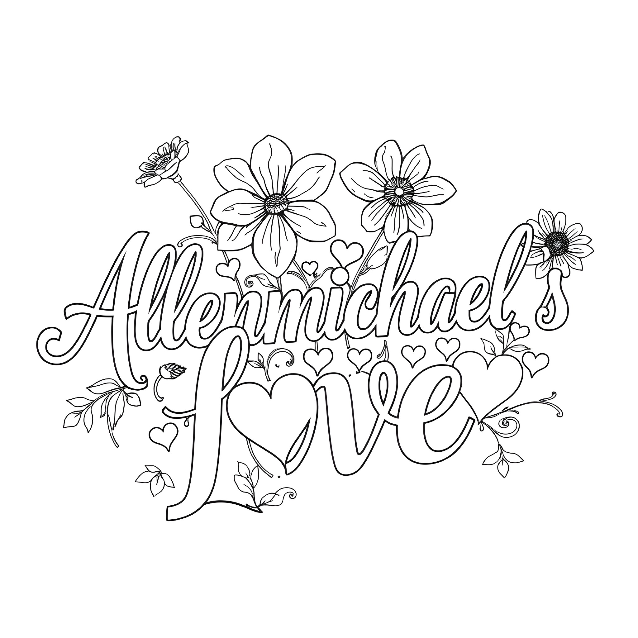 Cursive Floral Elements and Handwritten Love Coloring Page (free black-and-white line drawing printable PDF for all, from beginners to advanced learners, including children, teens, adults, and seniors)