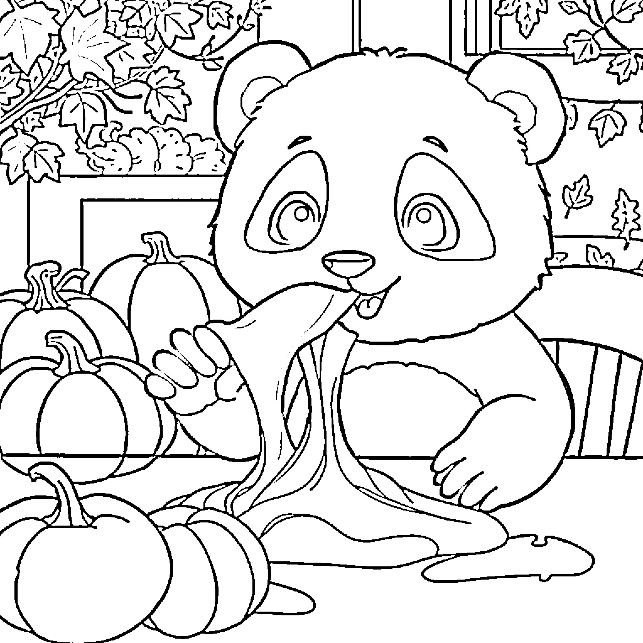 Panda admiring autumn leaves and pumpkins Coloring Page (free black-and-white line drawing printable PDF for all, from beginners to advanced learners, including children, teens, adults, and seniors)