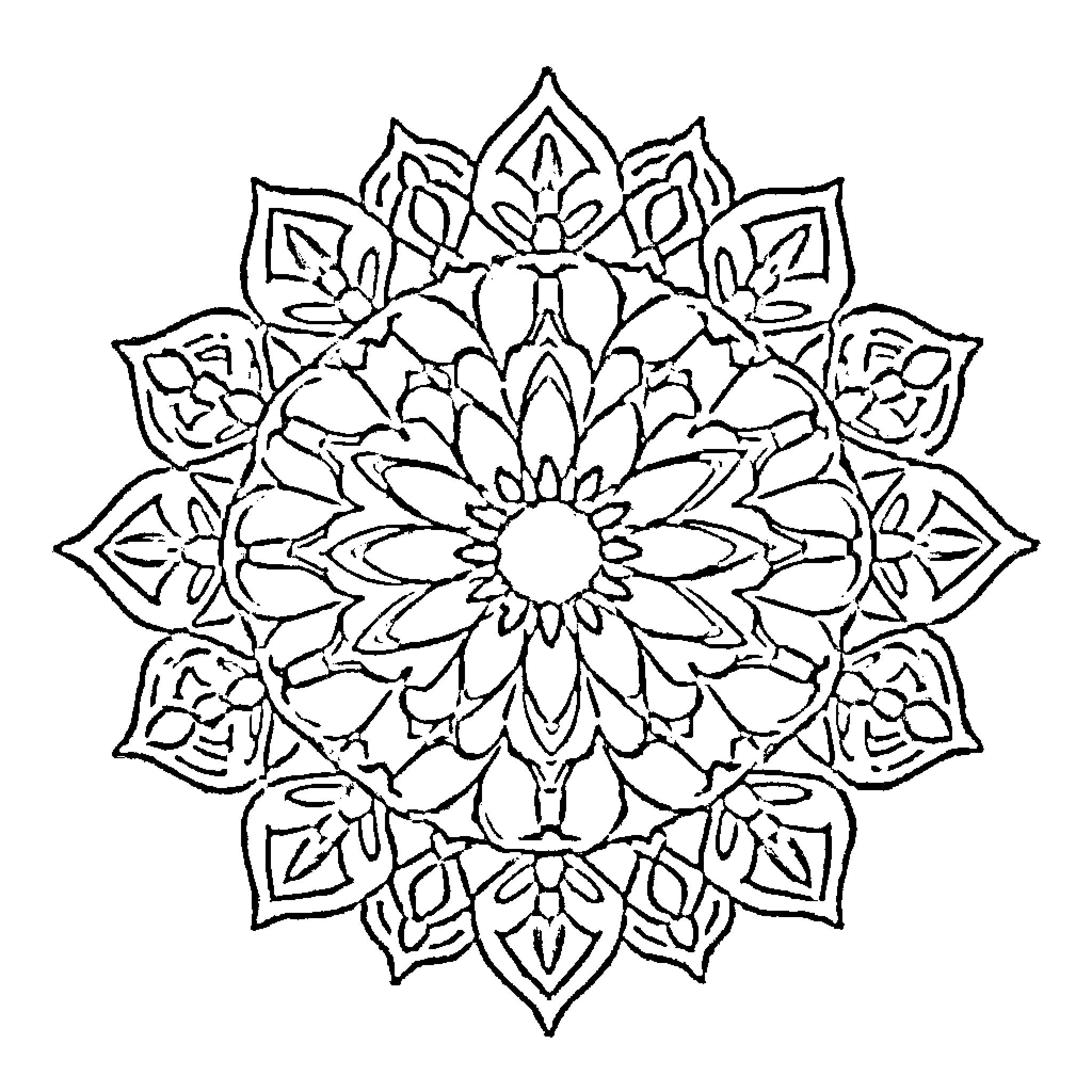 Mandala of intricate floral design Coloring Page (free black-and-white line drawing printable PDF for all, from beginners to advanced learners, including children, teens, adults, and seniors)