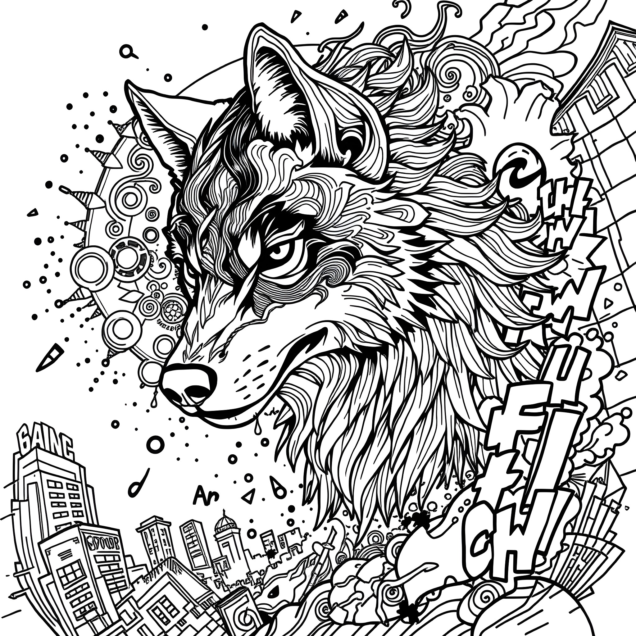 Wolf Howling in the City Coloring Page (free black-and-white line drawing printable PDF for all, from beginners to advanced learners, including children, teens, adults, and seniors)
