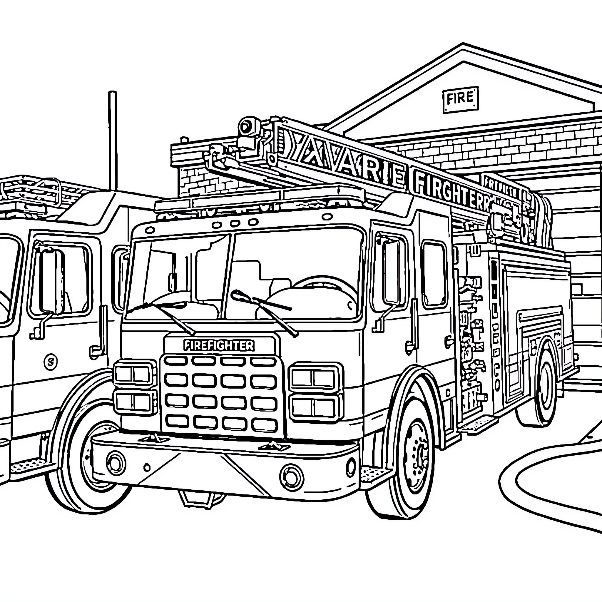 Firefighter truck responding to emergency call Coloring Page (free black-and-white line drawing printable PDF for all, from beginners to advanced learners, including children, teens, adults, and seniors)