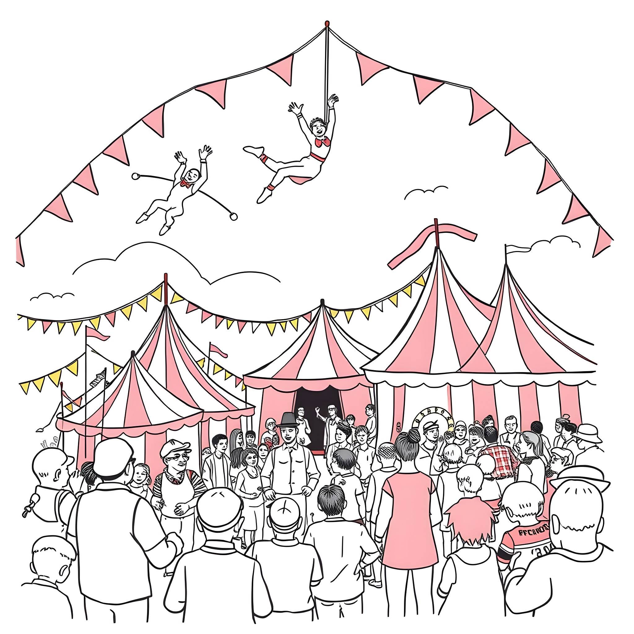 Circus performers entertaining a crowd under colorful tents Coloring Page (free black-and-white line drawing printable PDF for all, from beginners to advanced learners, including children, teens, adults, and seniors)