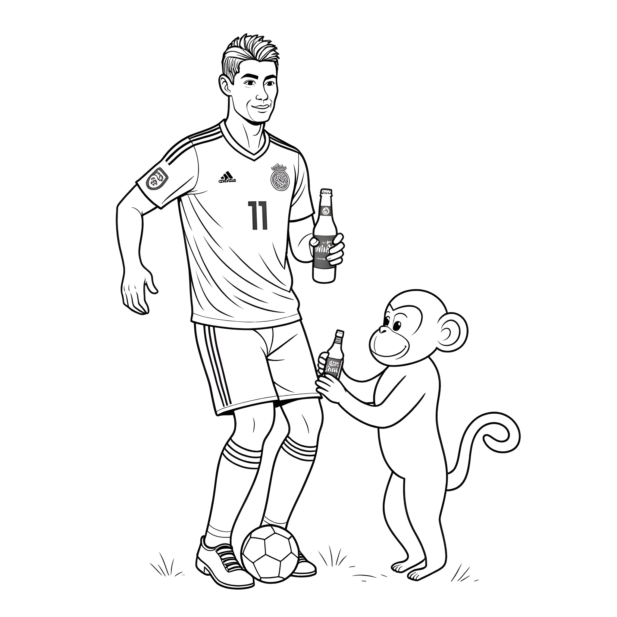Ronaldo interacting playfully with a monkey on the field Coloring Page (free black-and-white line drawing printable PDF for all, from beginners to advanced learners, including children, teens, adults, and seniors)