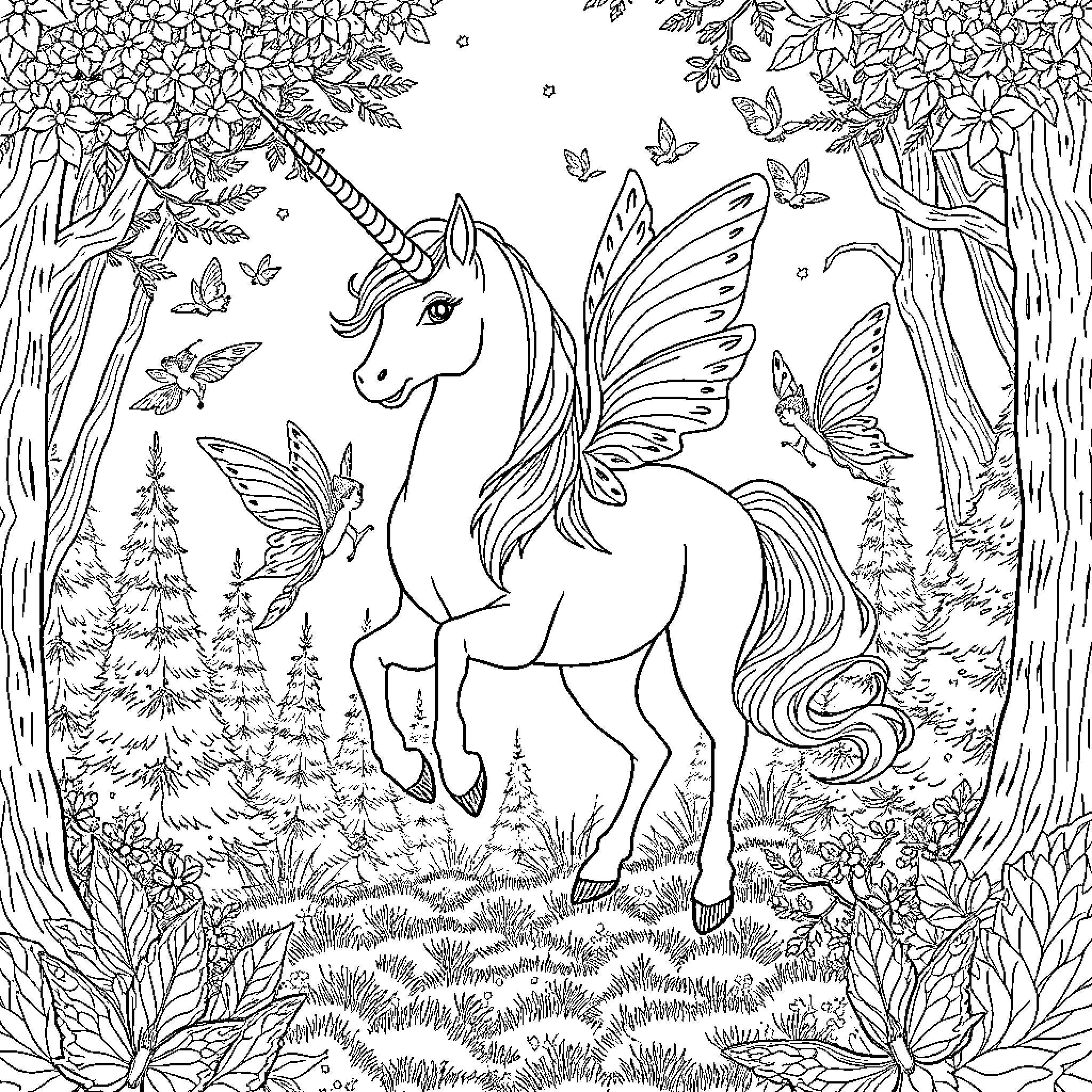 Fairy Unicorn's Enchanted Forest Adventure Coloring Page (free black-and-white line drawing printable PDF for all, from beginners to advanced learners, including children, teens, adults, and seniors)