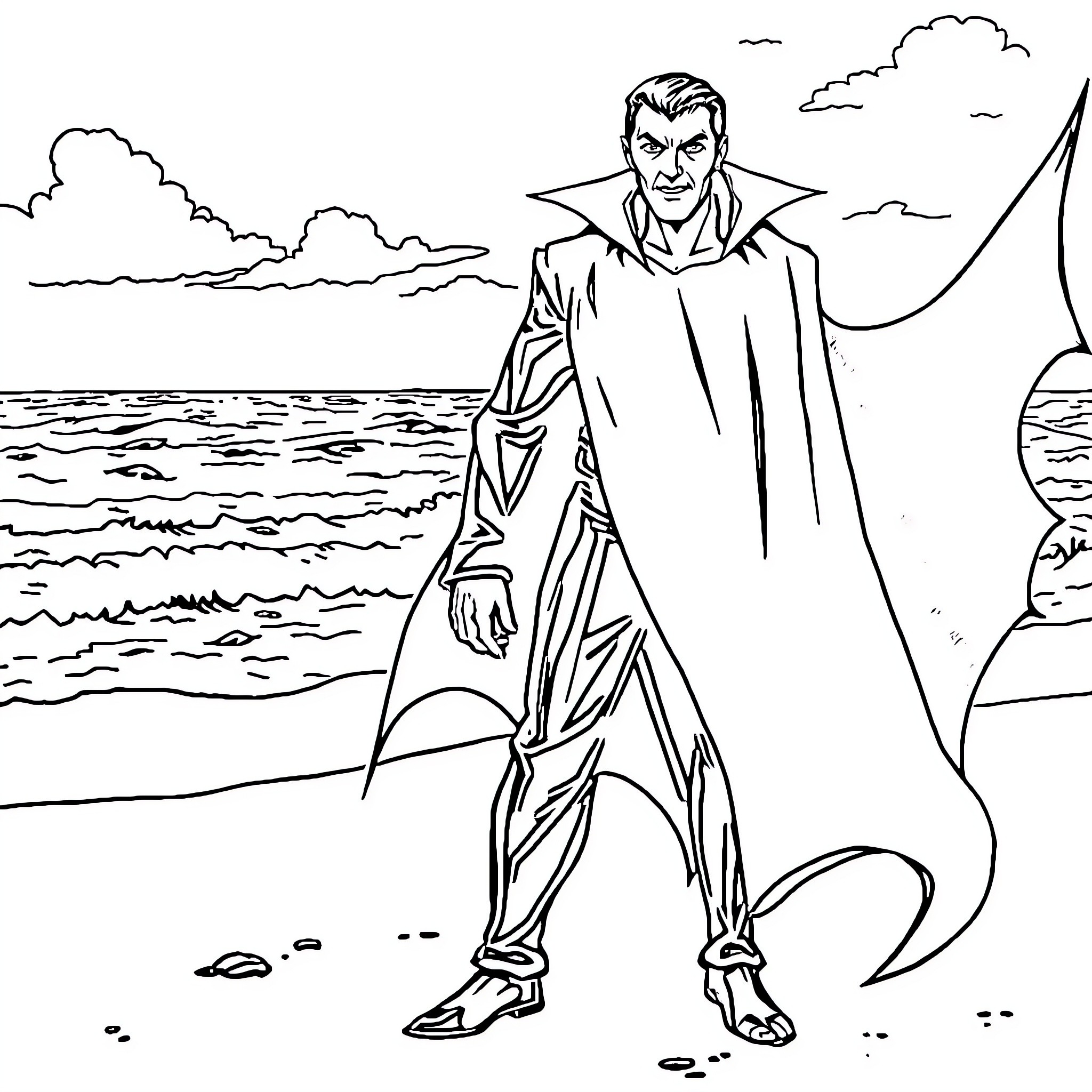 Dracula standing on the beach at sunset Coloring Page (free black-and-white line drawing printable PDF for all, from beginners to advanced learners, including children, teens, adults, and seniors)