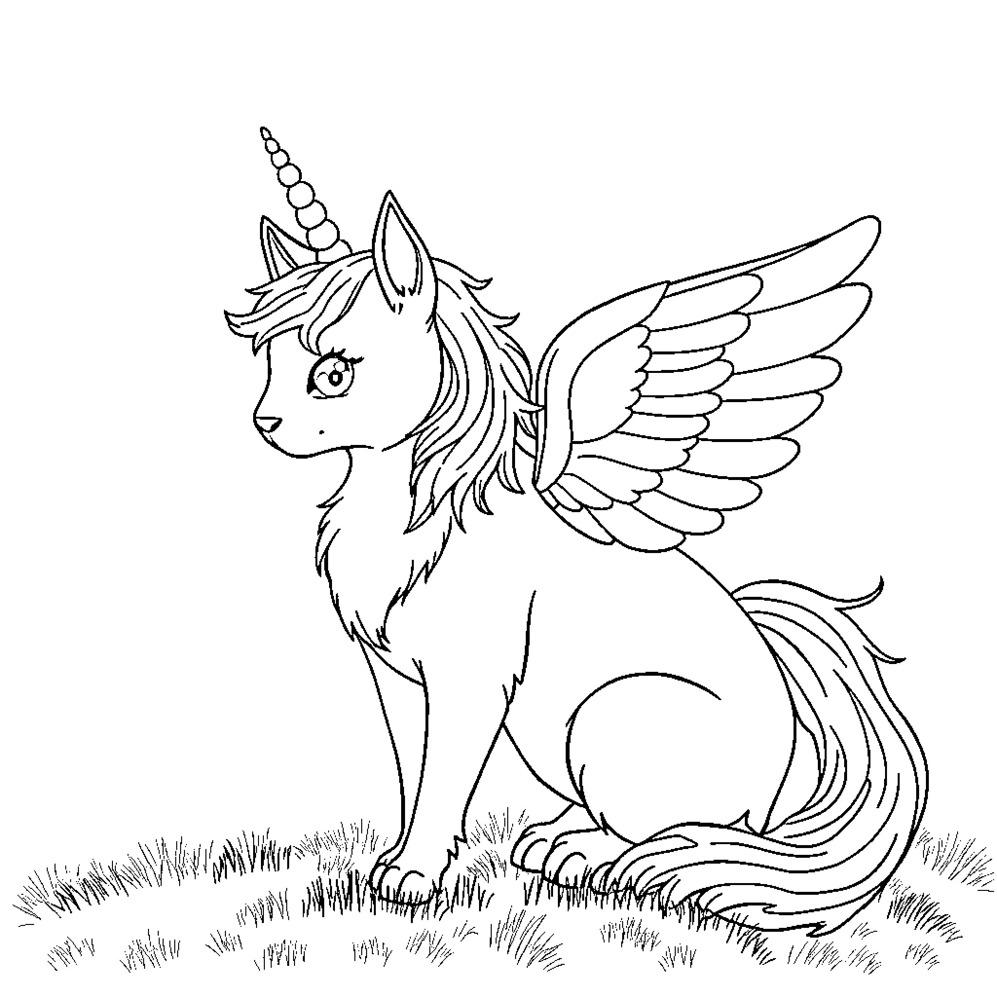 Unicorn Cat with Majestic Wings Resting in the Meadow Coloring Page (free black-and-white line drawing printable PDF for all, from beginners to advanced learners, including children, teens, adults, and seniors)