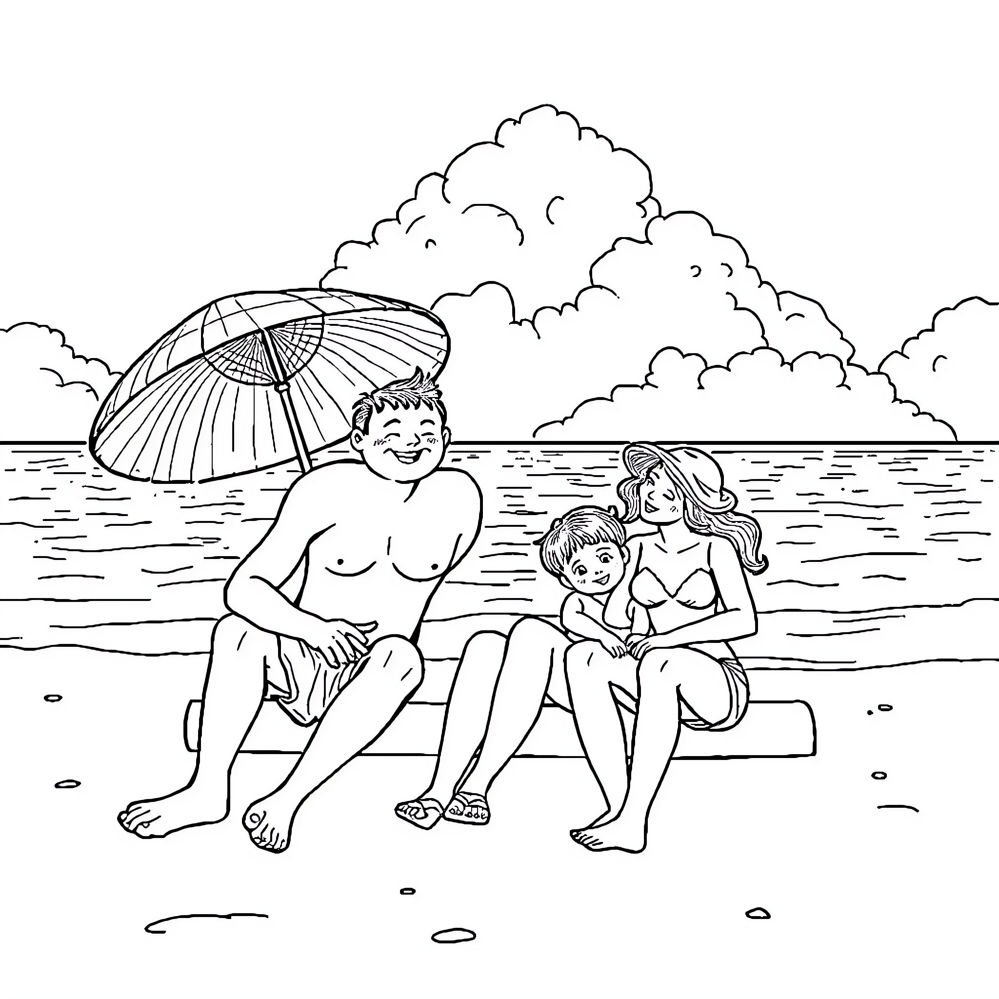 Blue Family Fun at the Beach Coloring Page (free black-and-white line drawing printable PDF for all, from beginners to advanced learners, including children, teens, adults, and seniors)