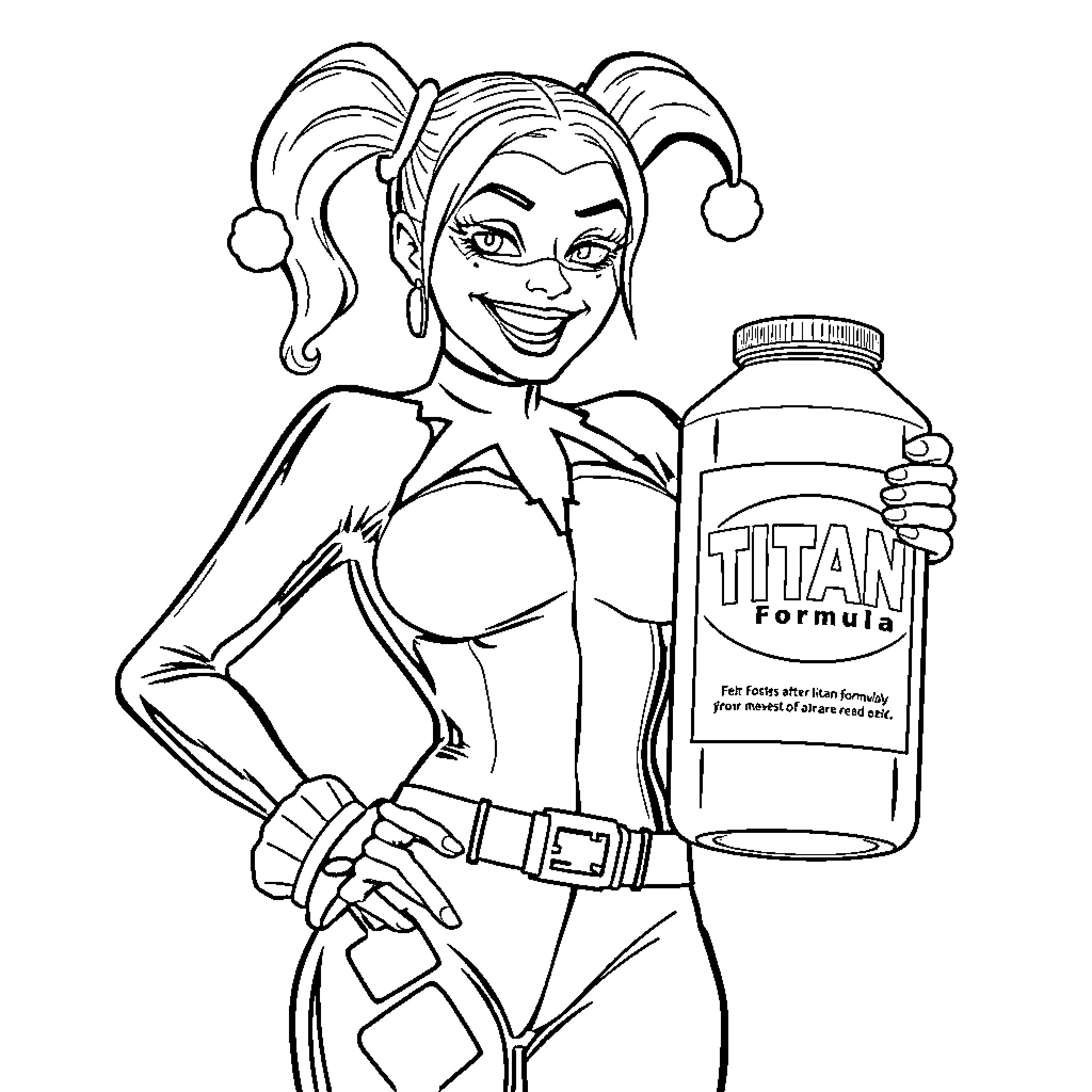 Harley Quinn enthusiastically promoting Titan Formula Coloring Page (free black-and-white line drawing printable PDF for all, from beginners to advanced learners, including children, teens, adults, and seniors)