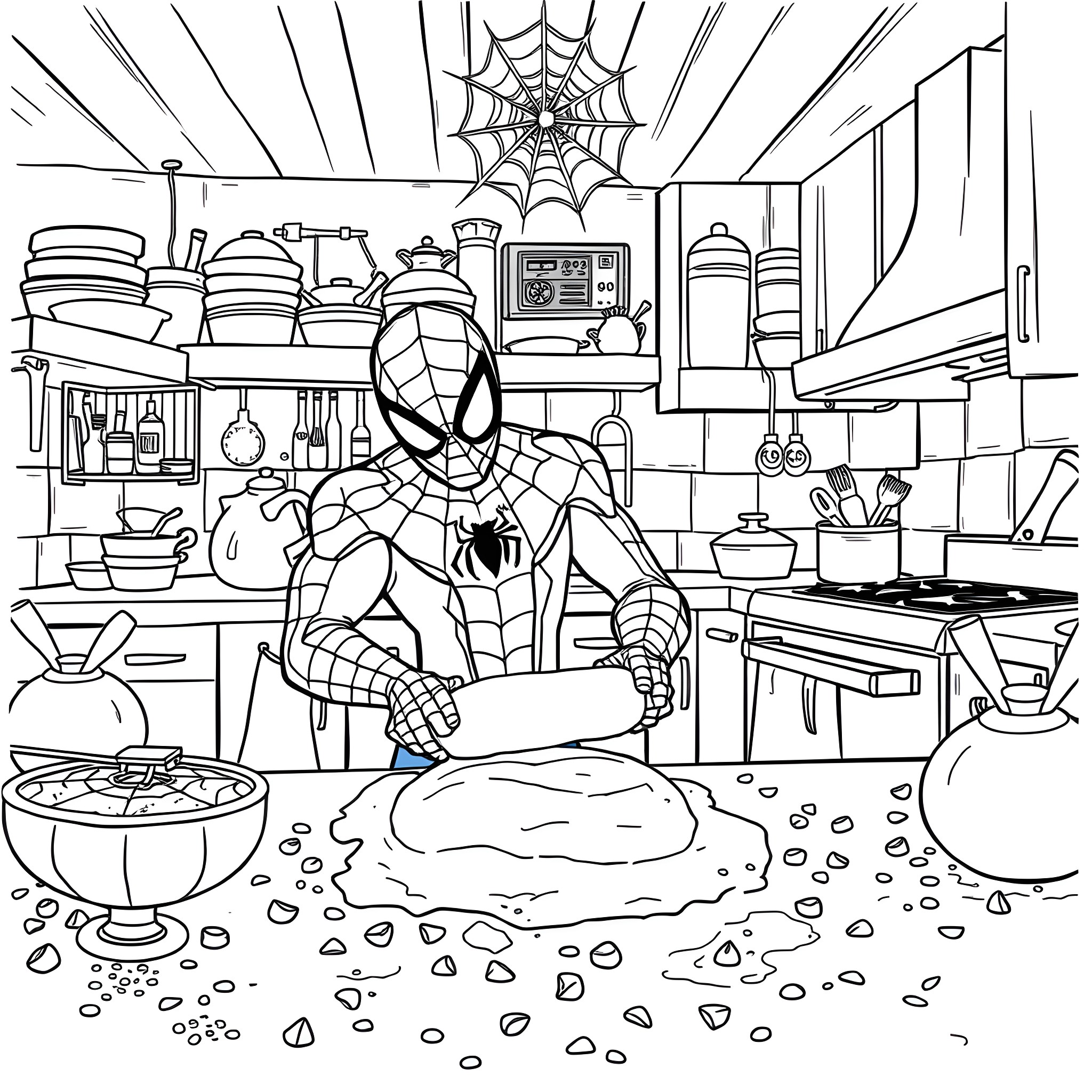 Spider-Man in the Messy Kitchen Cooking Up Trouble Coloring Page (free black-and-white line drawing printable PDF for all, from beginners to advanced learners, including children, teens, adults, and seniors)