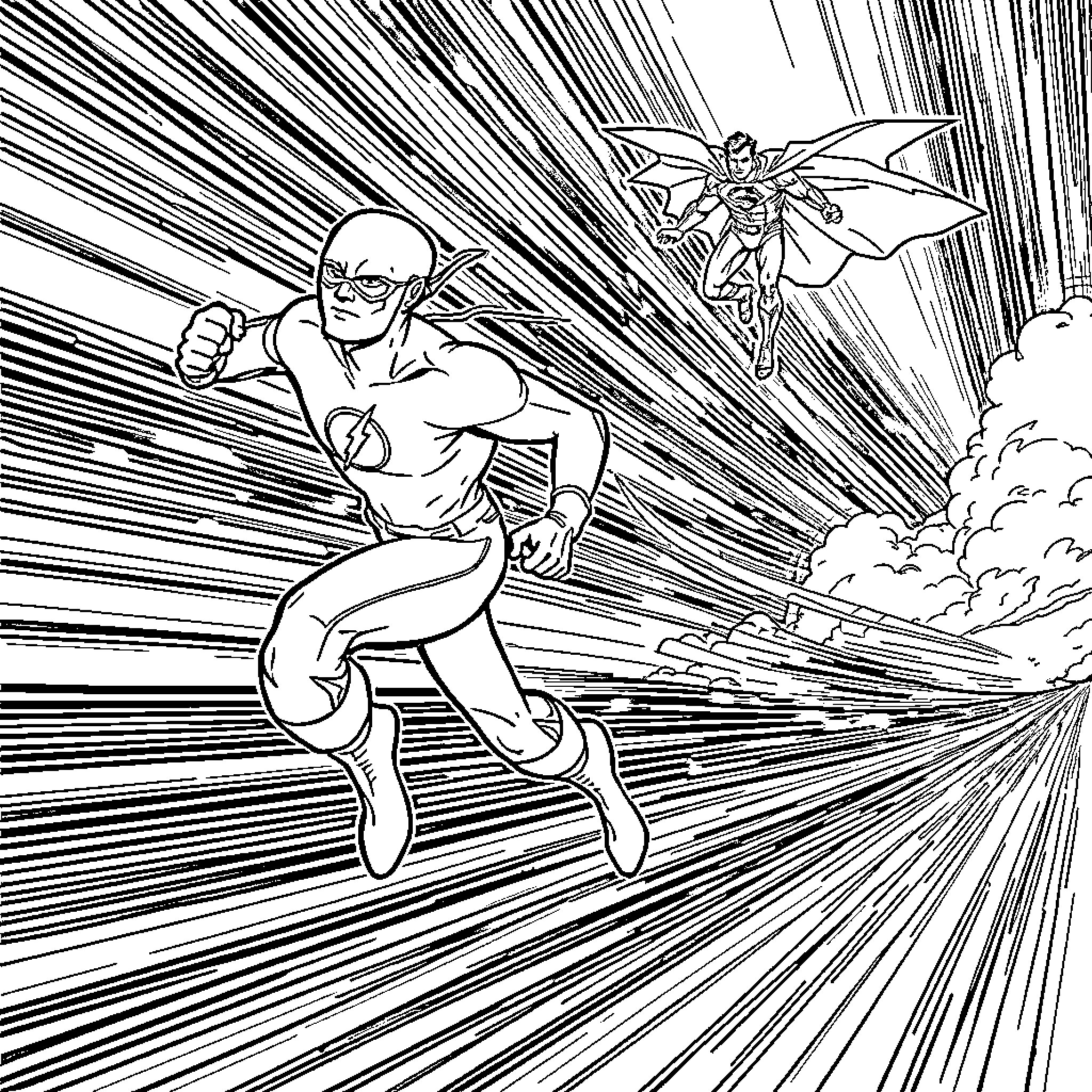 Hero races through the sky with a costumed sidekick Coloring Page (free black-and-white line drawing printable PDF for all, from beginners to advanced learners, including children, teens, adults, and seniors)