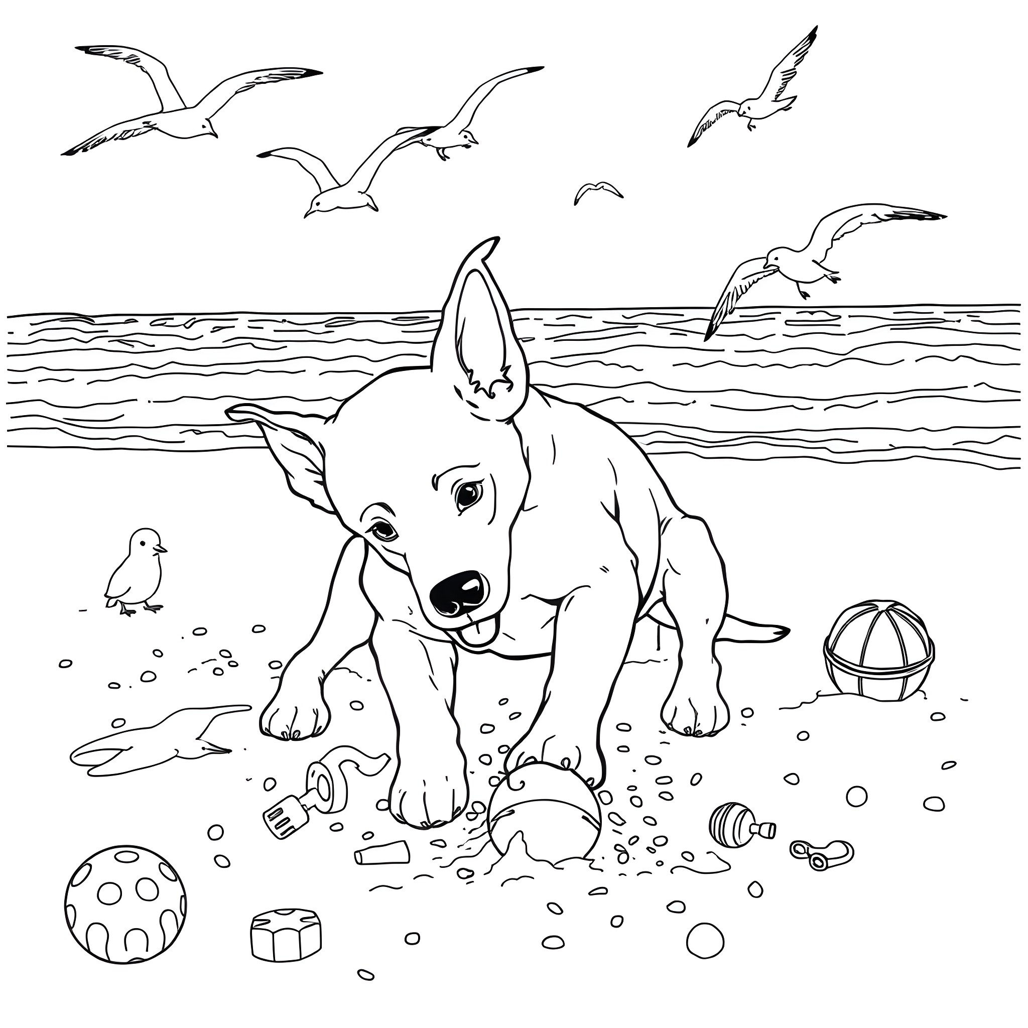Dogman playing on the beach with seagulls Coloring Page (free black-and-white line drawing printable PDF for all, from beginners to advanced learners, including children, teens, adults, and seniors)