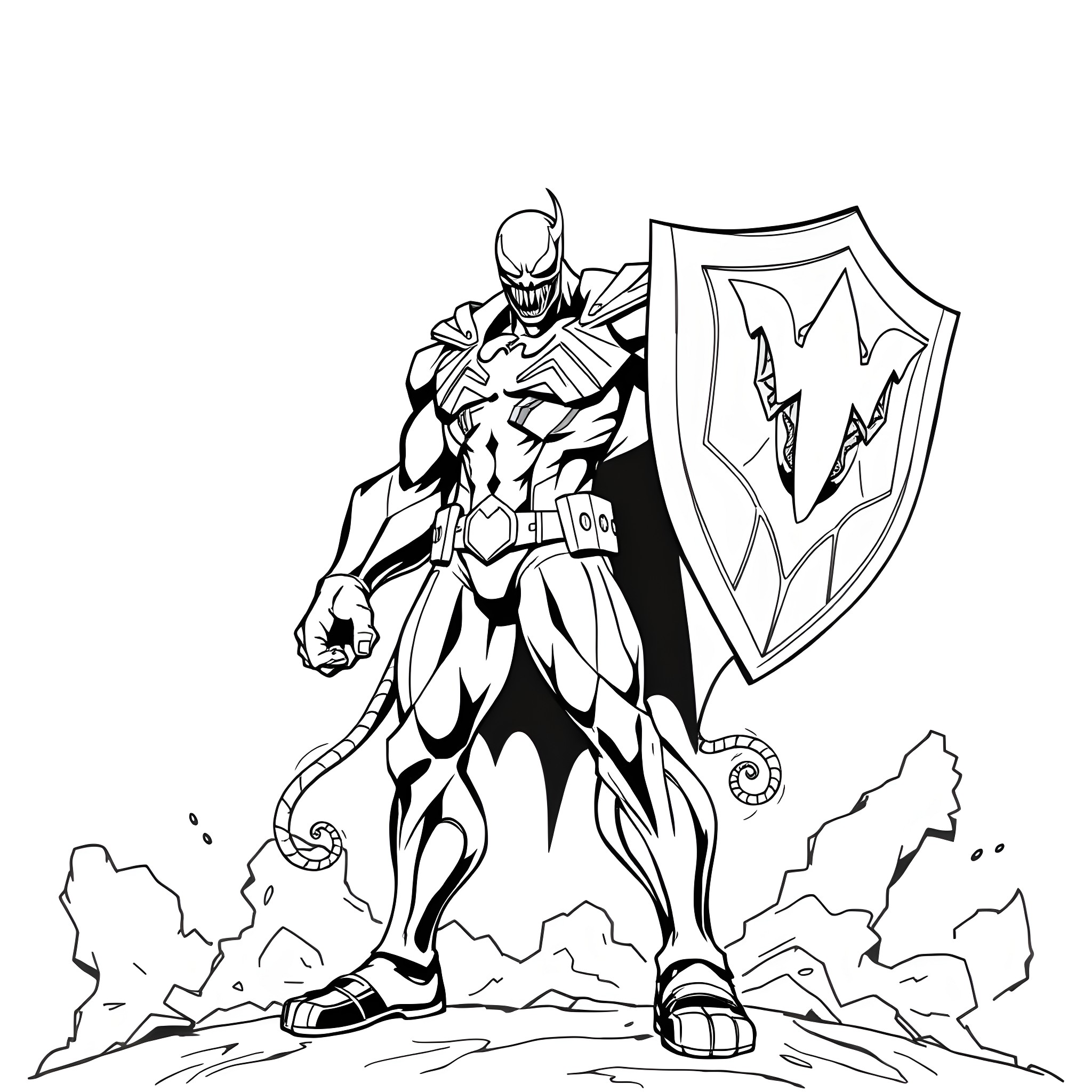 Captain Venom in action pose with shield Coloring Page (free black-and-white line drawing printable PDF for all, from beginners to advanced learners, including children, teens, adults, and seniors)