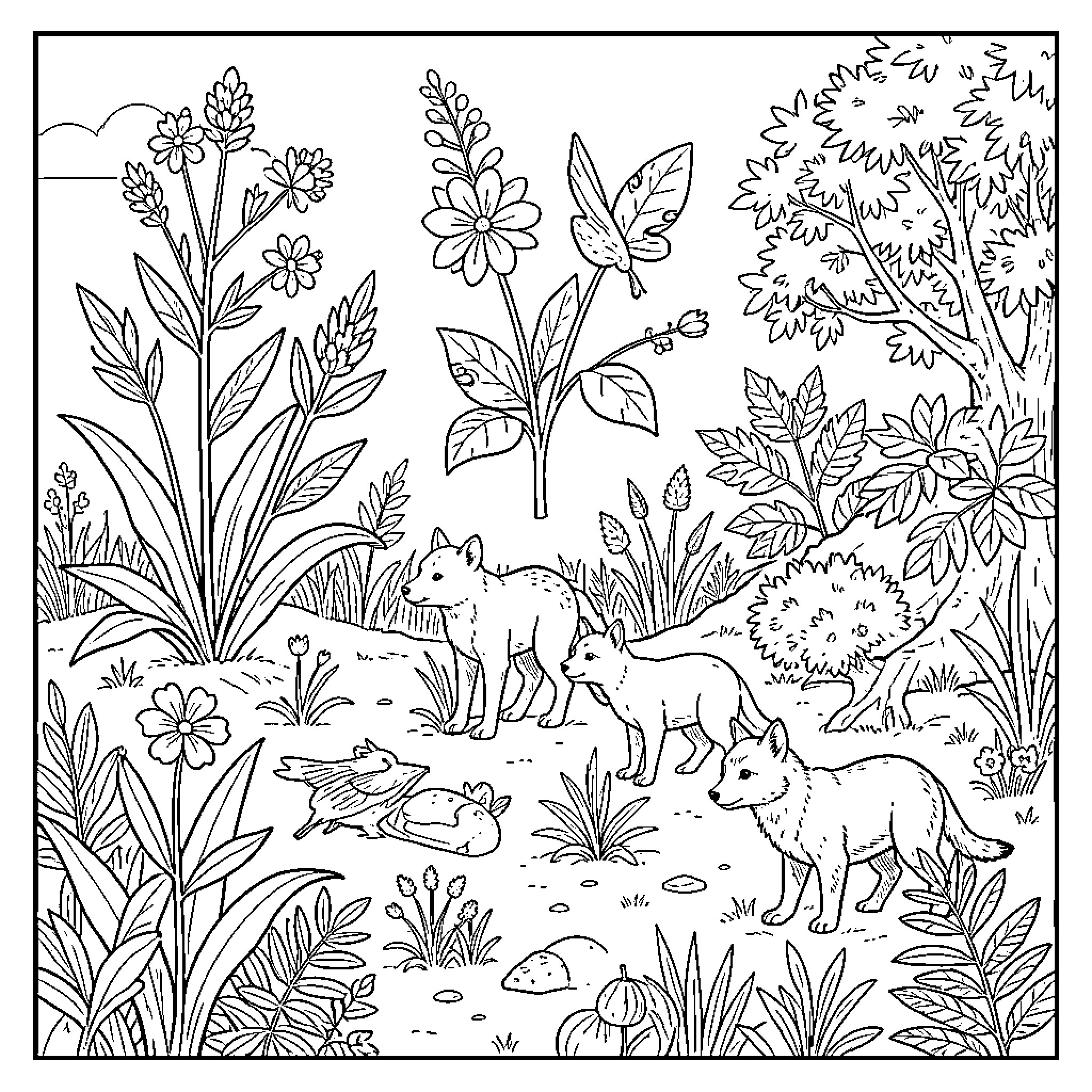 Science observing foxes interacting in a natural forest habitat Coloring Page (free black-and-white line drawing printable PDF for all, from beginners to advanced learners, including children, teens, adults, and seniors)