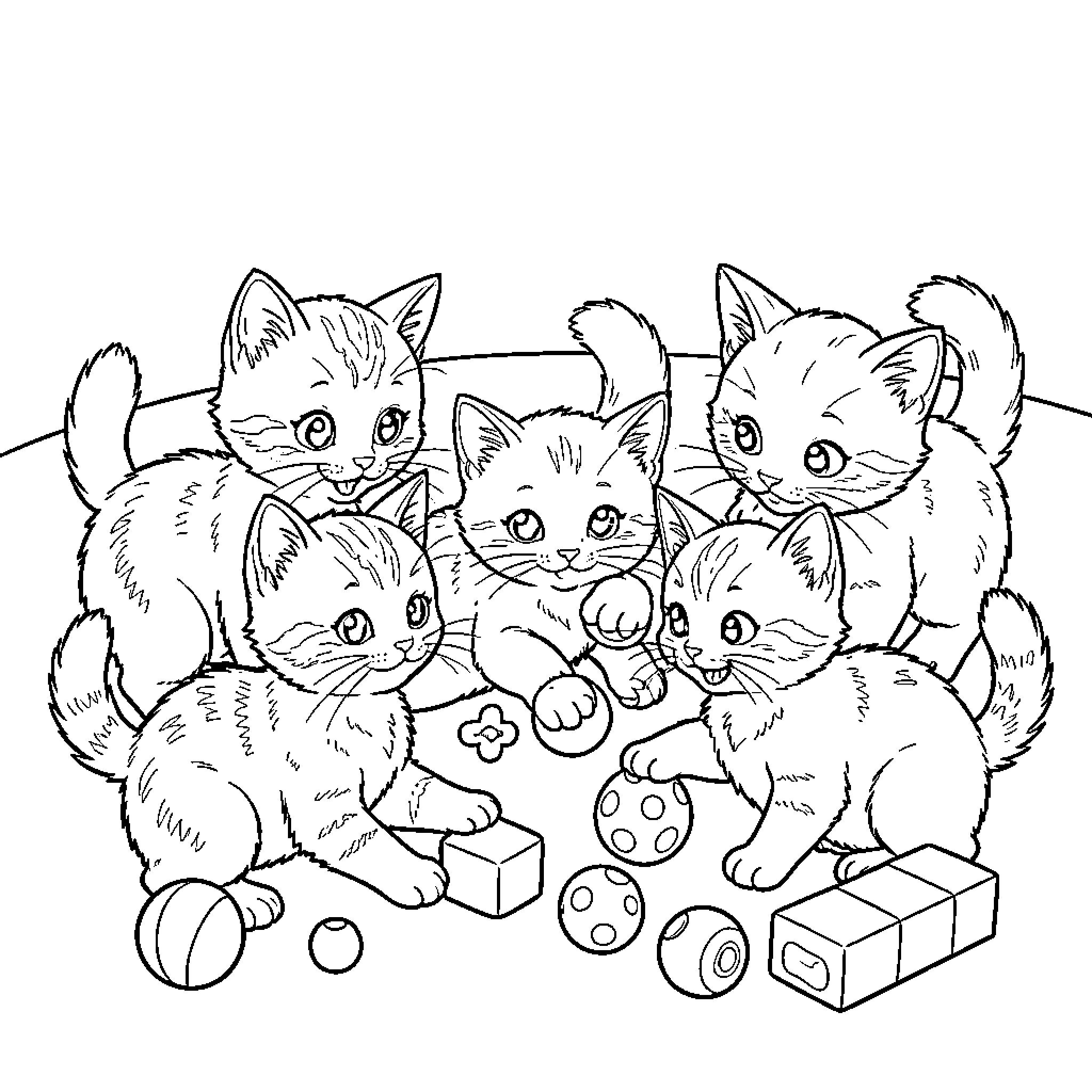 Kitten playing with toys and each other Coloring Page (free black-and-white line drawing printable PDF for all, from beginners to advanced learners, including children, teens, adults, and seniors)