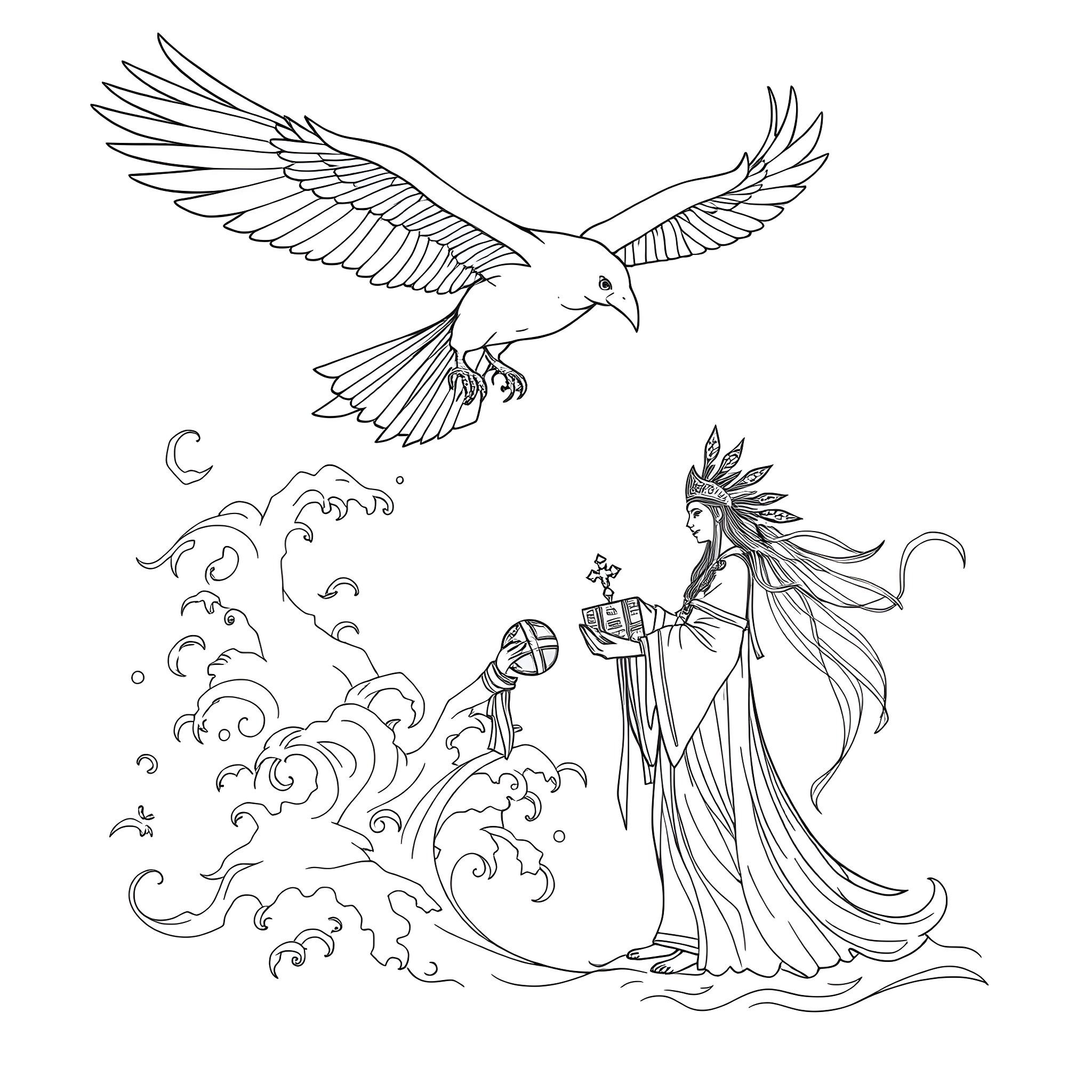 Thunderbird soaring above celestial maiden with glowing staff Coloring Page (free black-and-white line drawing printable PDF for all, from beginners to advanced learners, including children, teens, adults, and seniors)