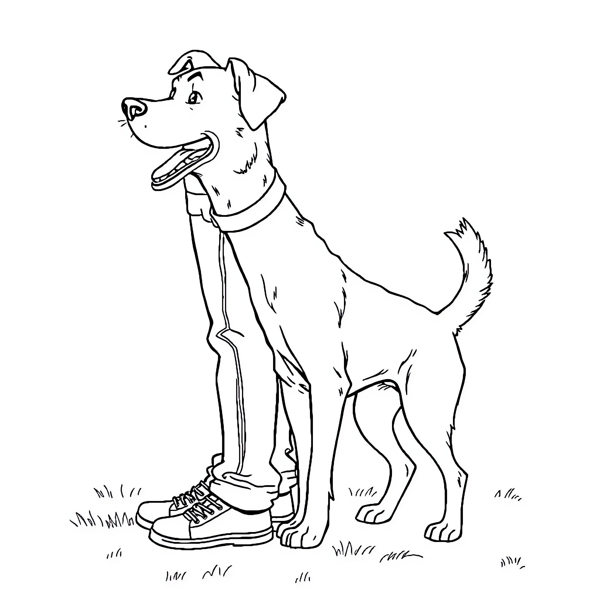 Dog posing in sneakers on grass Coloring Page (free black-and-white line drawing printable PDF for all, from beginners to advanced learners, including children, teens, adults, and seniors)