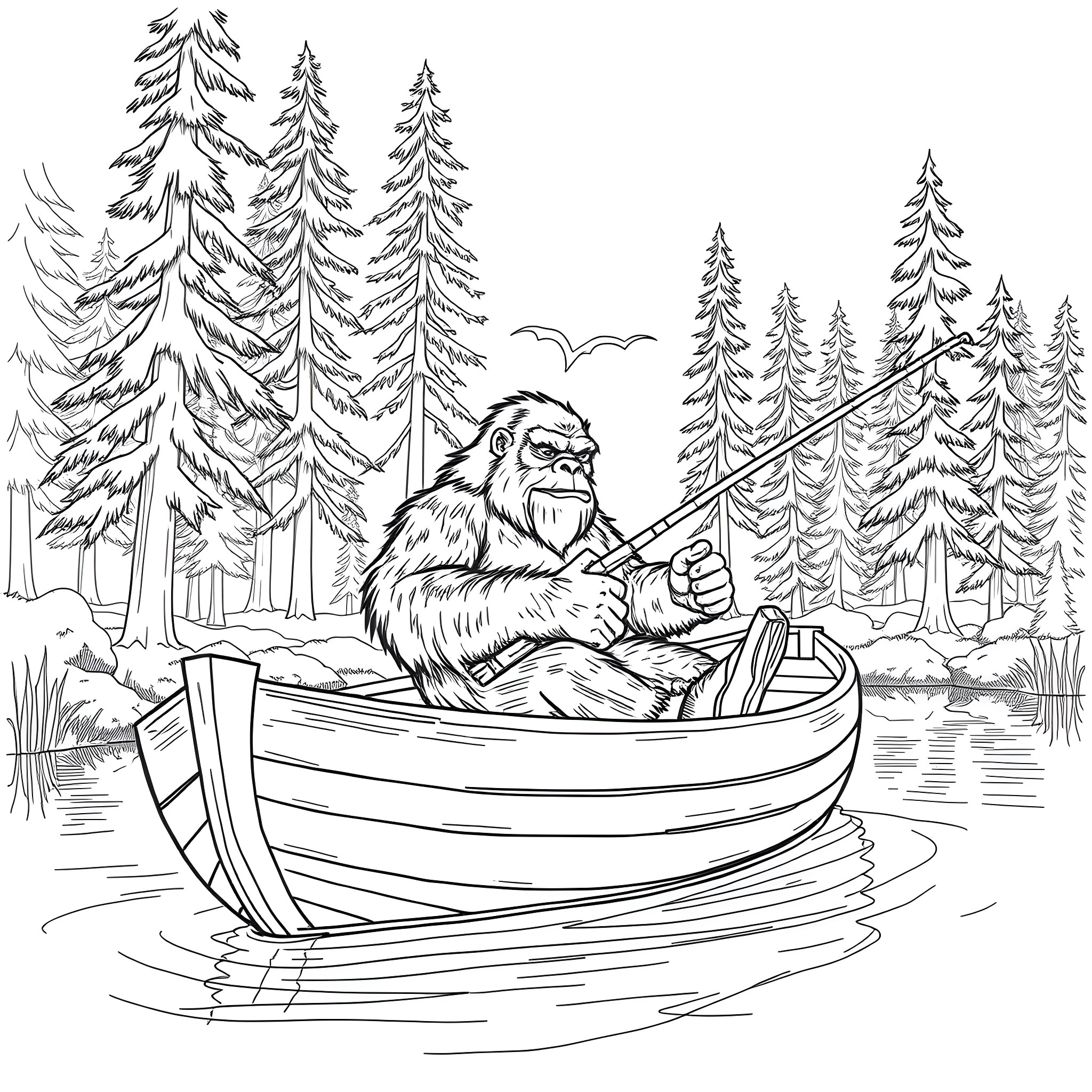 Sasquatch fishing peacefully in a forest lake Coloring Page (free black-and-white line drawing printable PDF for all, from beginners to advanced learners, including children, teens, adults, and seniors)