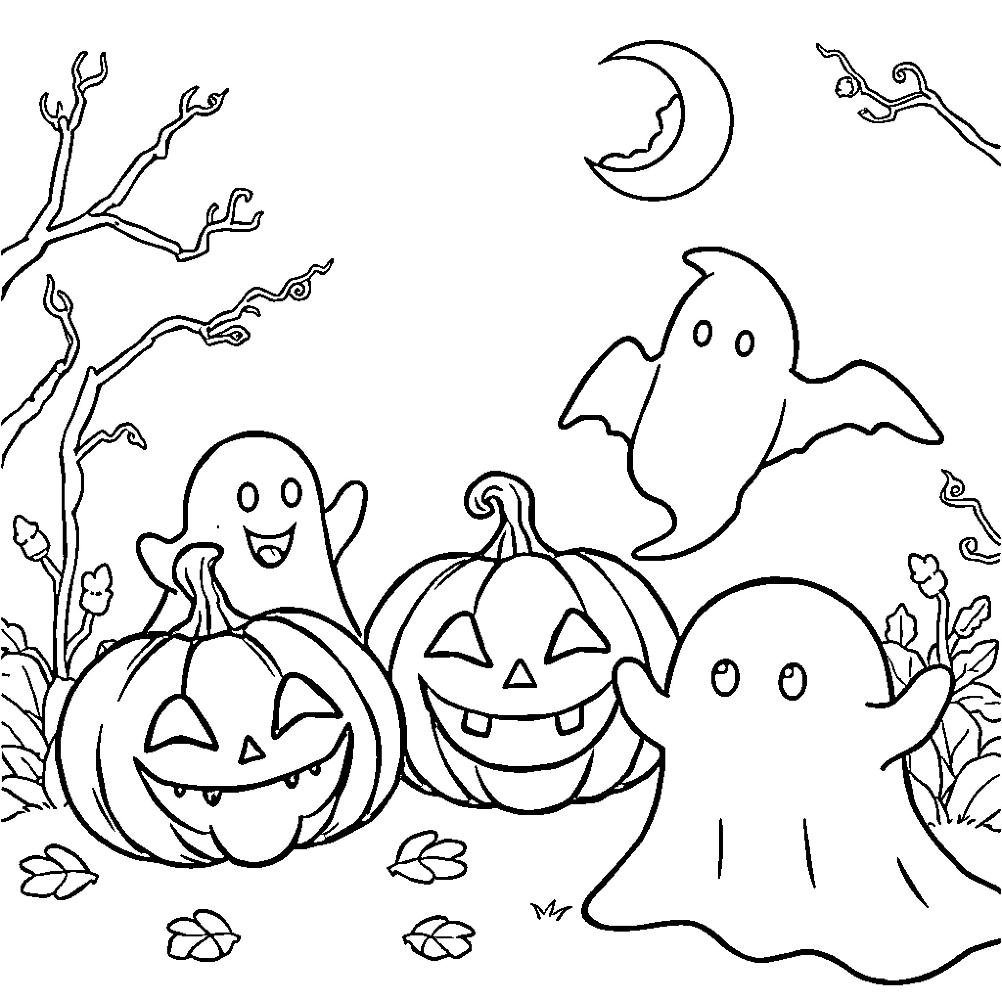 Halloween Ghosts, Pumpkins, and Bats in Autumn Scene Coloring Page (free black-and-white line drawing printable PDF for all, from beginners to advanced learners, including children, teens, adults, and seniors)