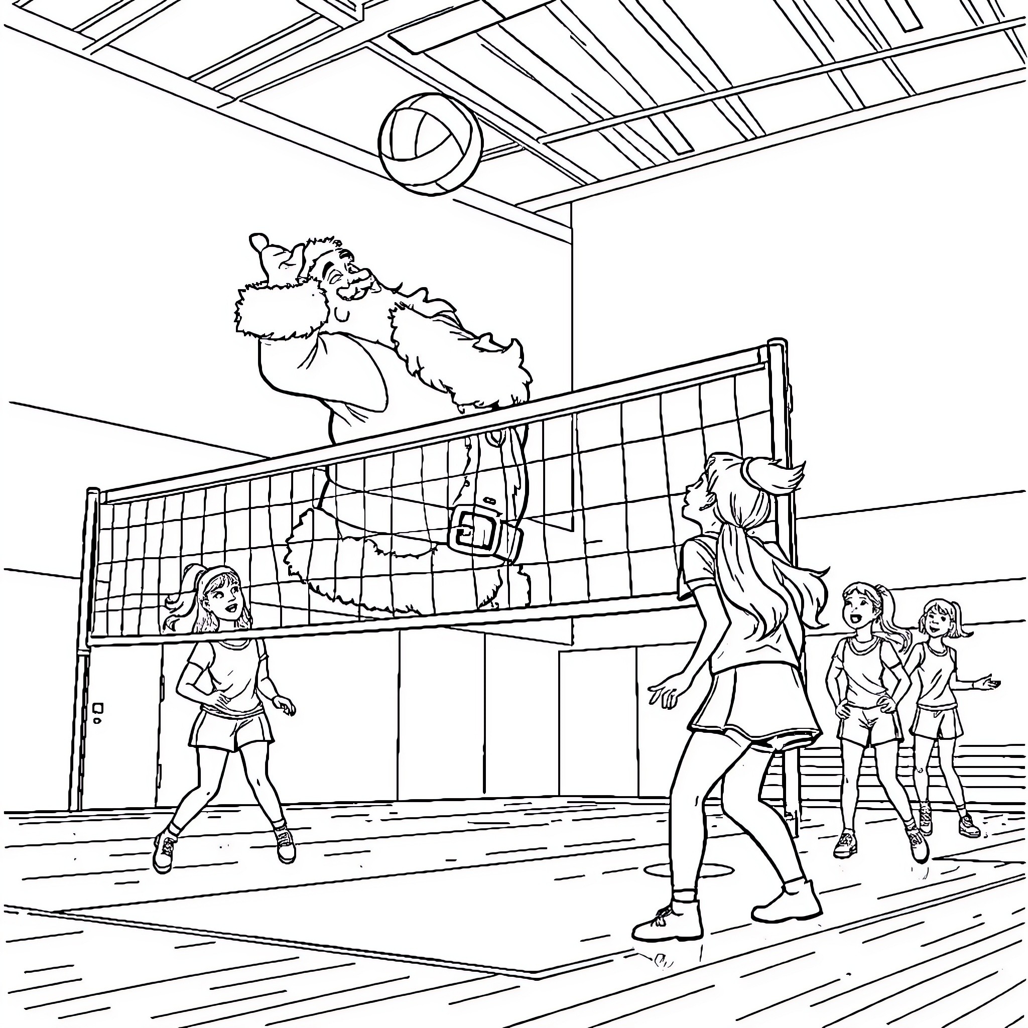 Santa playing volleyball with cheerleaders in gym Coloring Page (free black-and-white line drawing printable PDF for all, from beginners to advanced learners, including children, teens, adults, and seniors)