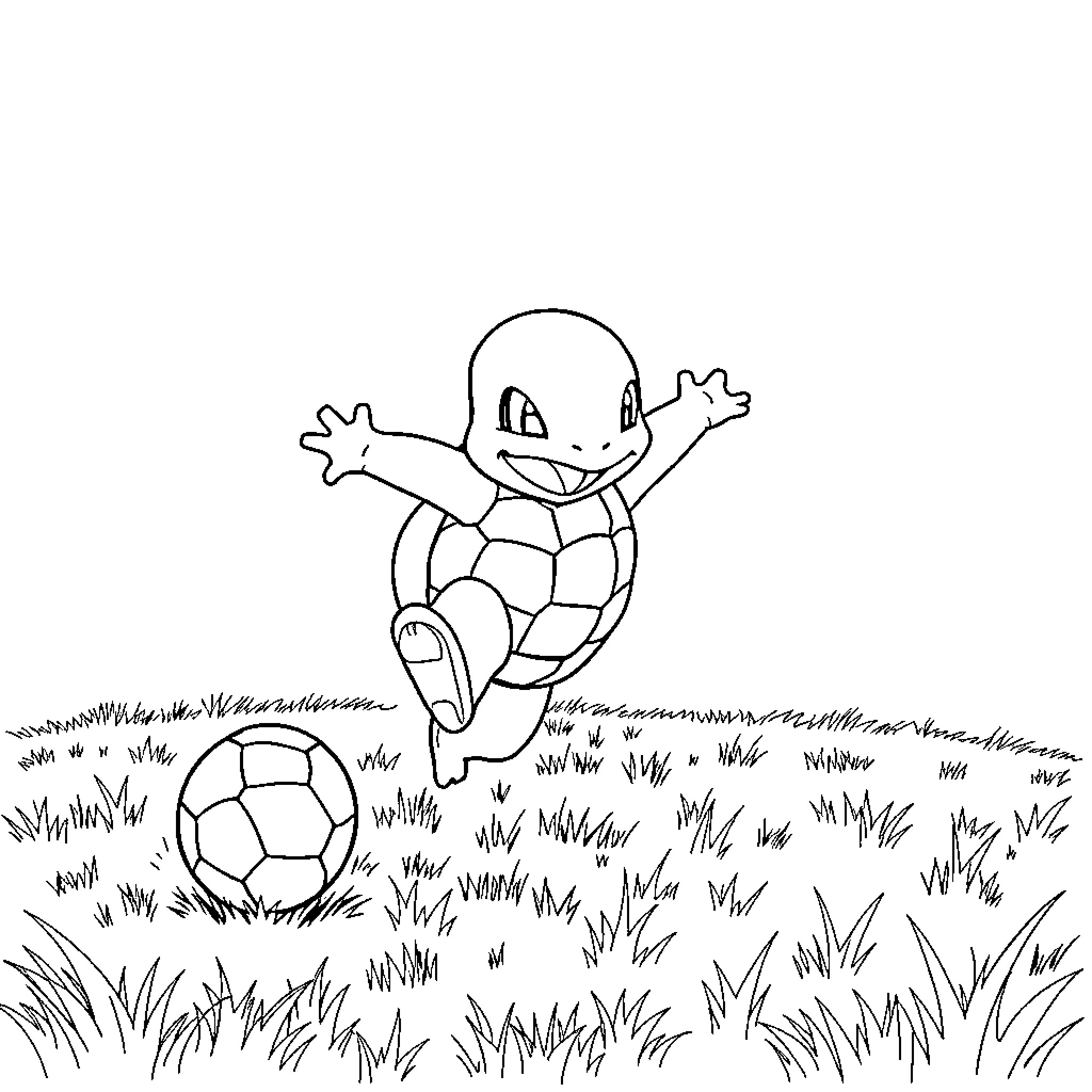 Squirtle playing soccer in a grassy field Coloring Page (free black-and-white line drawing printable PDF for all, from beginners to advanced learners, including children, teens, adults, and seniors)